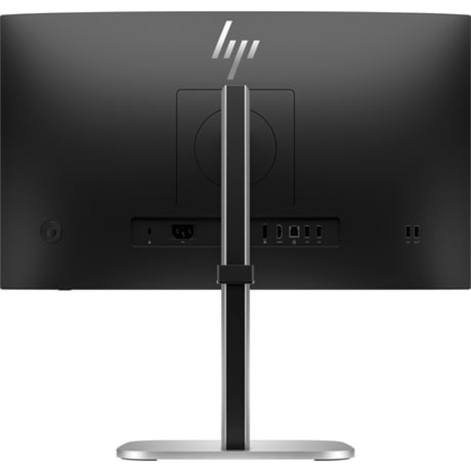Back of a black computer monitor. The HP logo is on top. Ports and a power input are at the bottom. Silver stand.