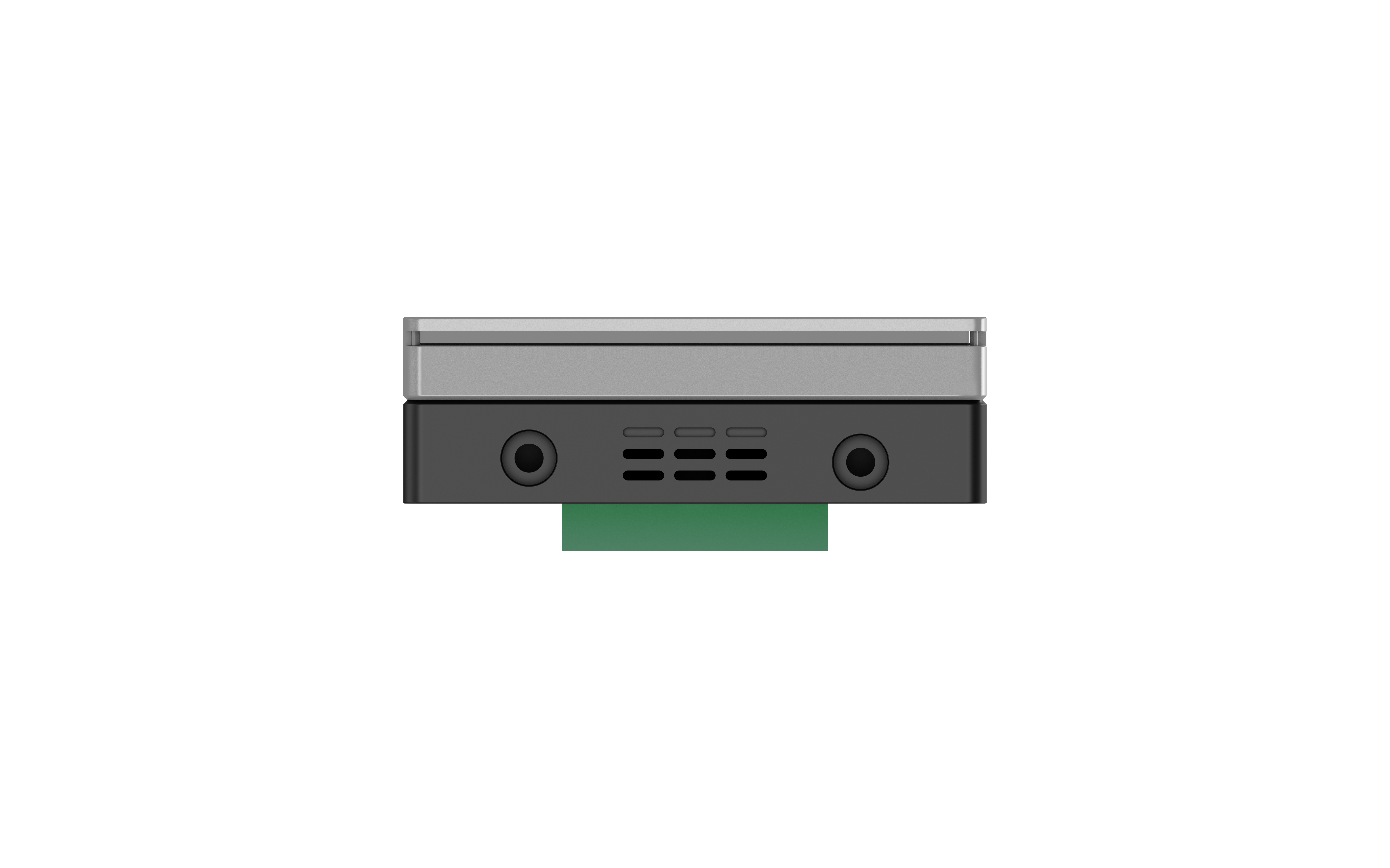 Zwei schwarze elektronische Geräte, eines über dem anderen, mit Lüftungslöchern und grünen Details.
