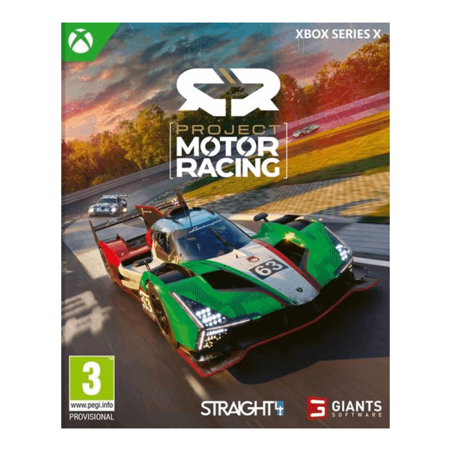 Gamecover: groene, witte en zwarte raceauto op een baan, Xbox Series X-logo.