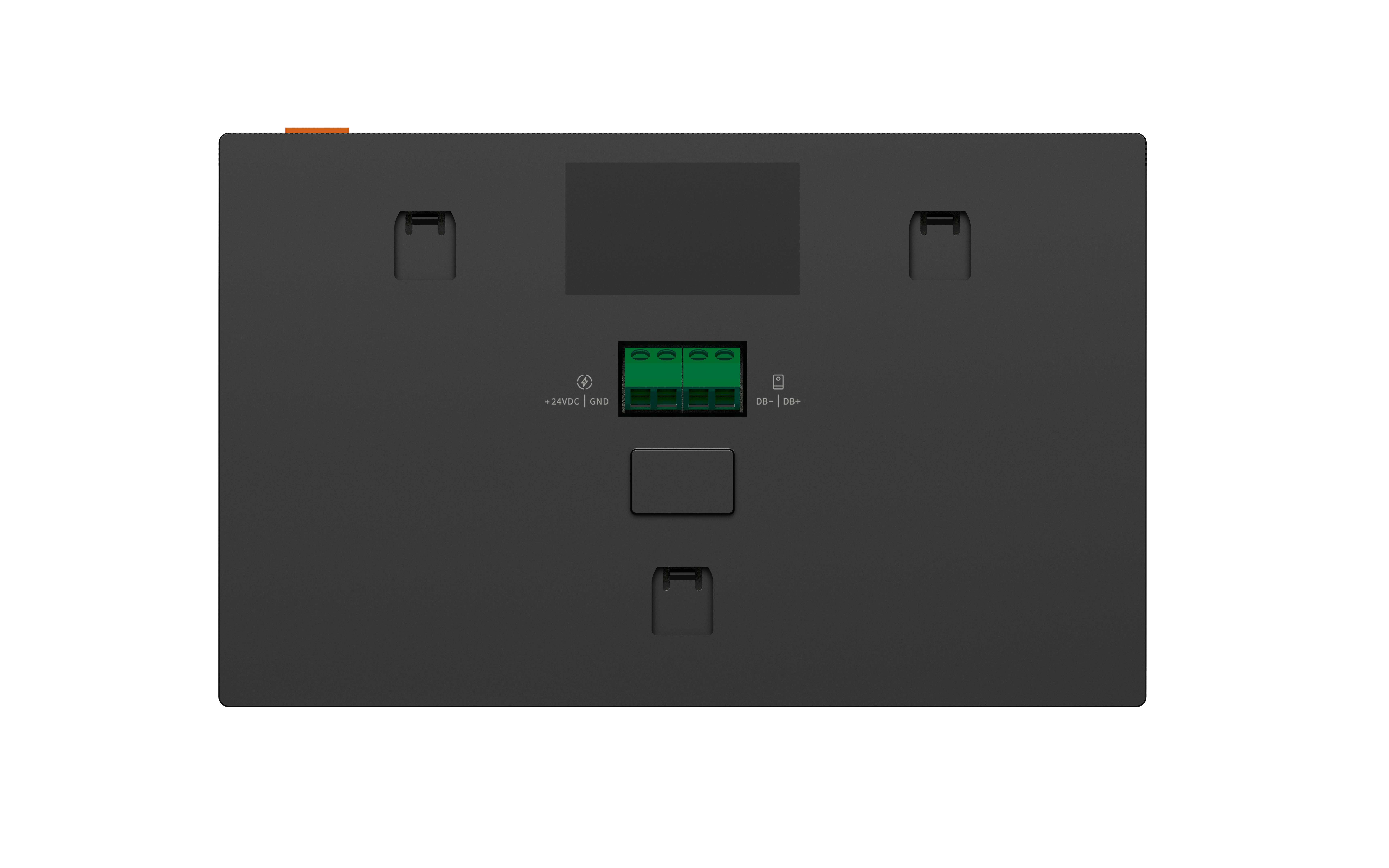 Schwarzes elektronisches Gerät mit grünen Anschlüssen und Steckern auf der Rückseite.