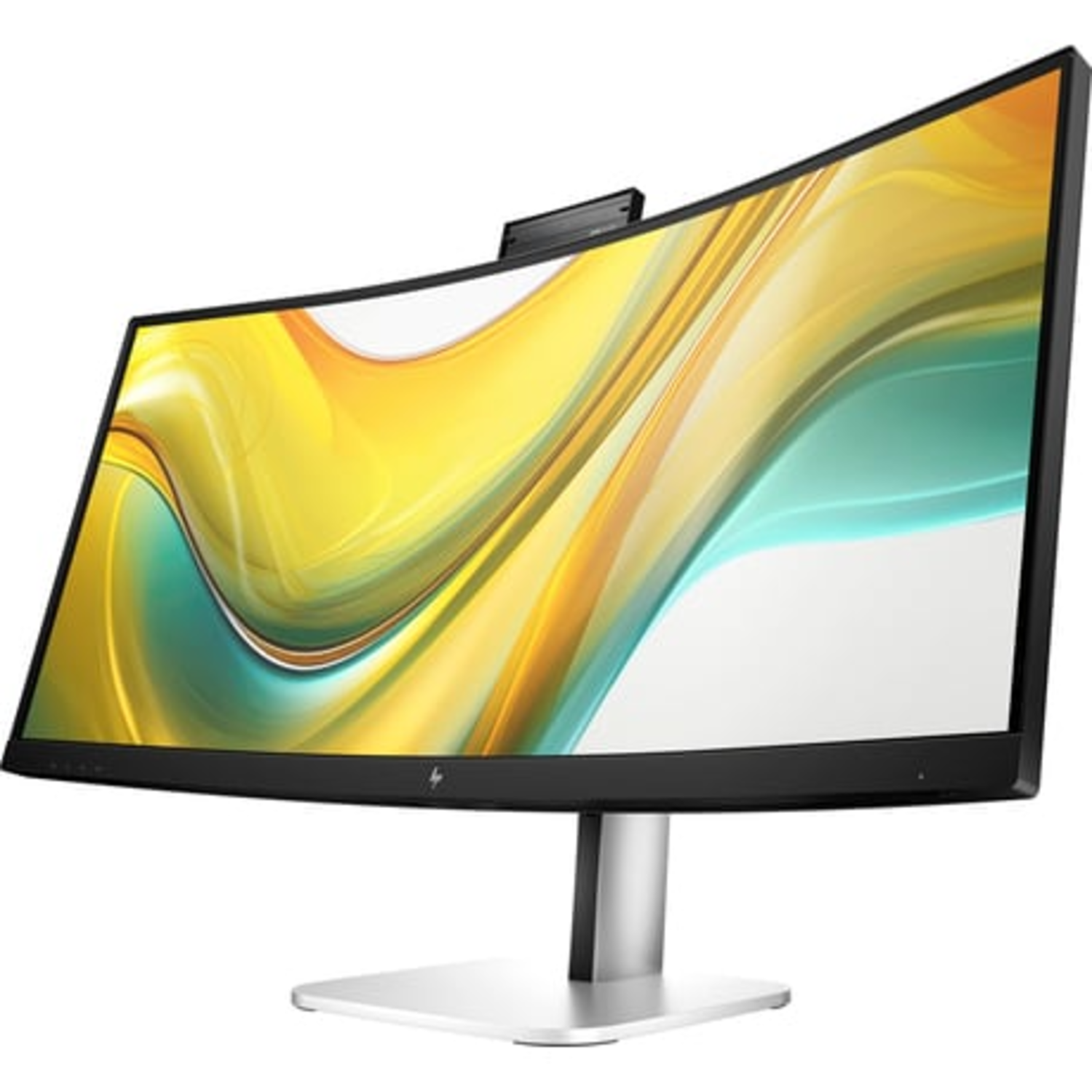 Moniteur d'ordinateur incurvé avec un cadre noir et un fond coloré. Il possède un support argenté et une webcam.