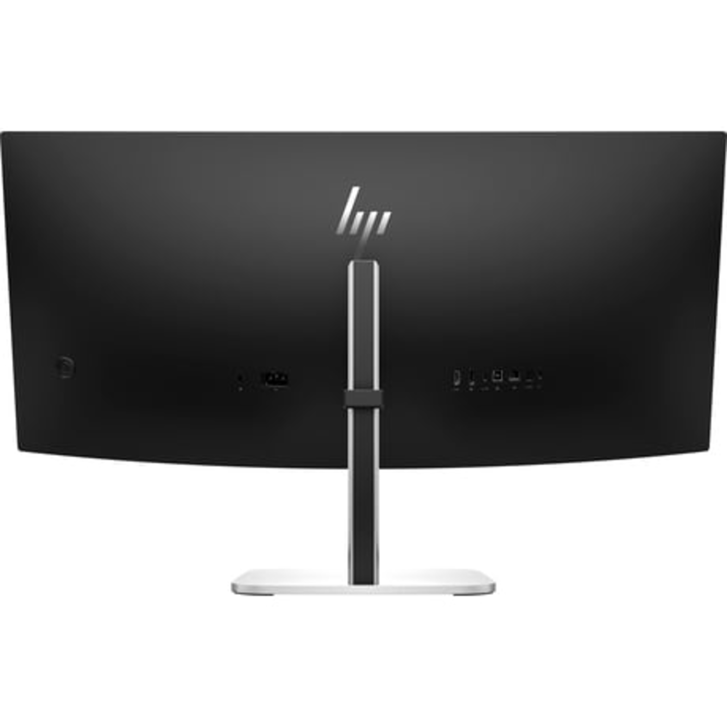 Vue arrière d'un moniteur d'ordinateur incurvé. Le logo HP est visible. Il a un support argenté.
