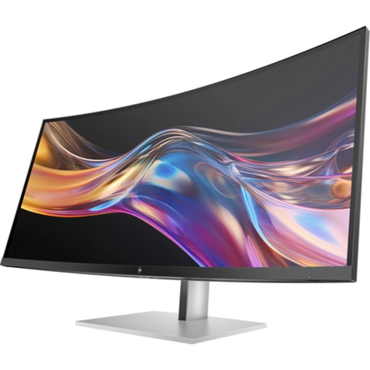 Gebogen computermonitor met zwart frame en een kleurrijke achtergrond. Hij heeft een zilveren standaard.