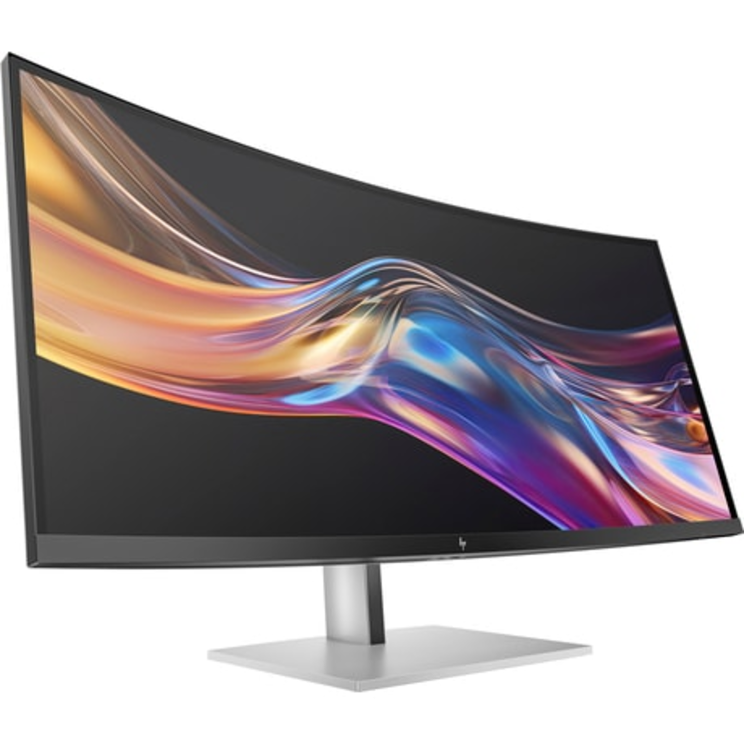 Gebogen computermonitor met zwart frame en een kleurrijke achtergrond. Hij heeft een zilveren standaard.