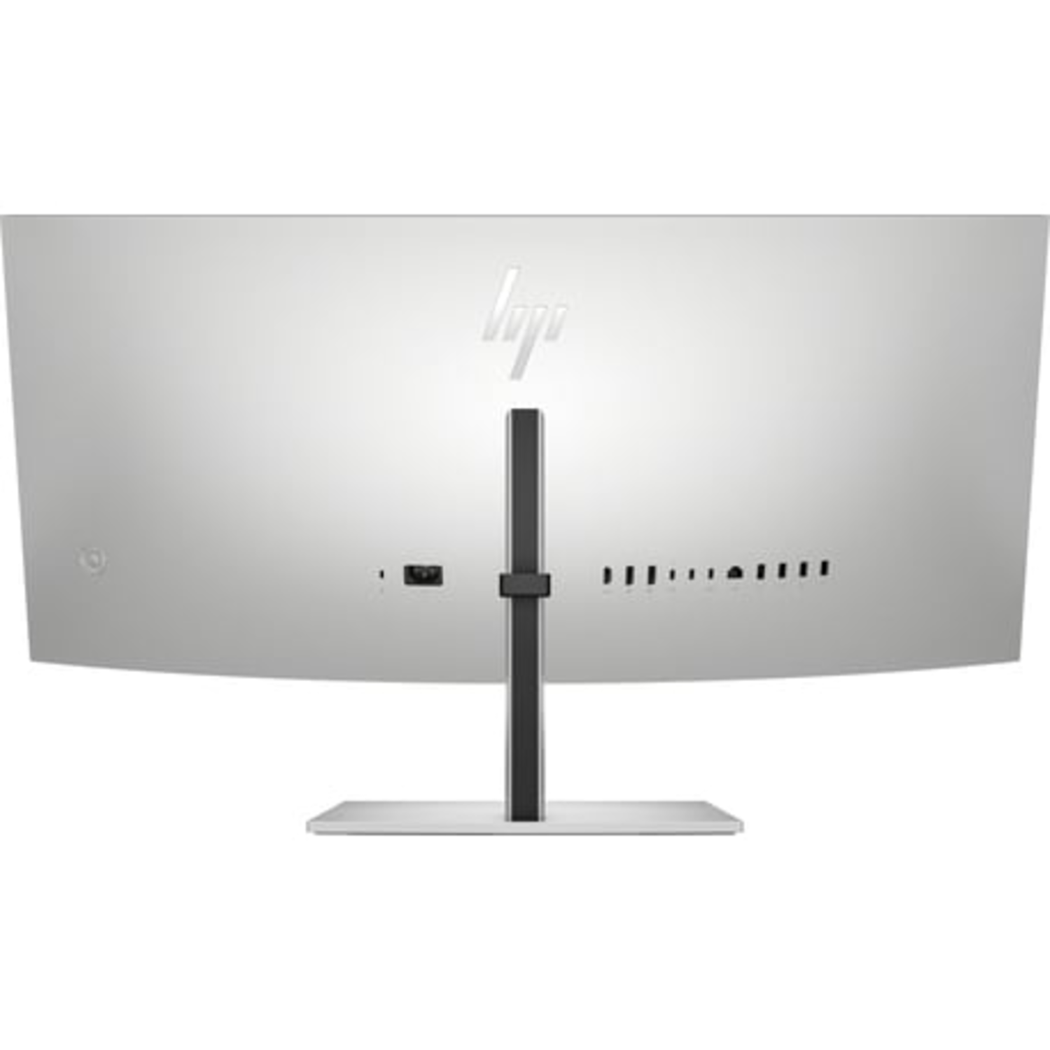 Achterkant van een HP gebogen monitor, wit met zwarte standaard.