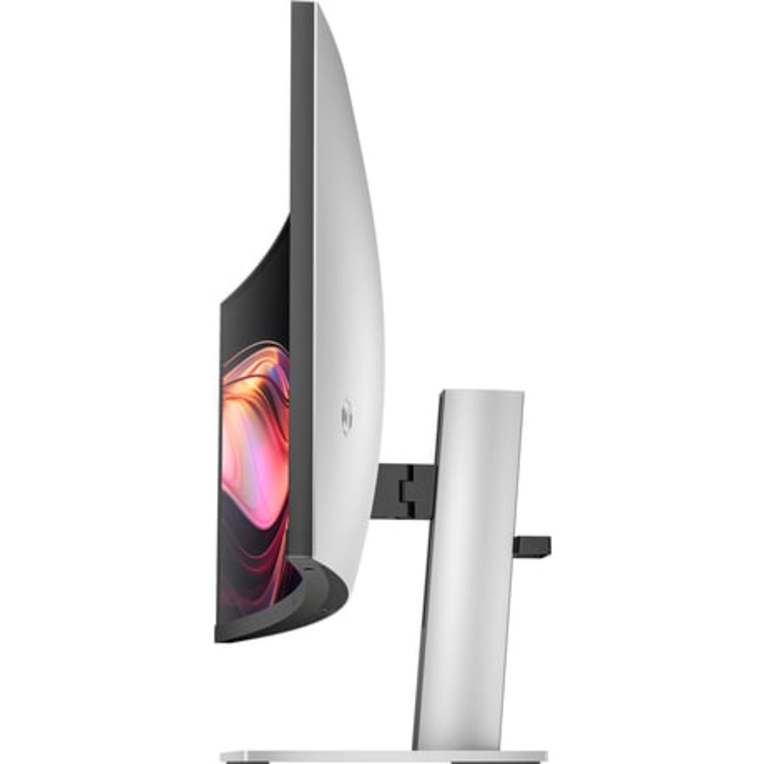 Side view of a curved white monitor with a black stand and a colorful display.