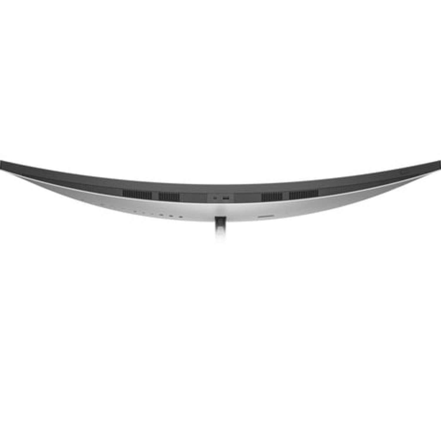 Top view of a curved computer monitor. The screen is visible, and the stand is silver.