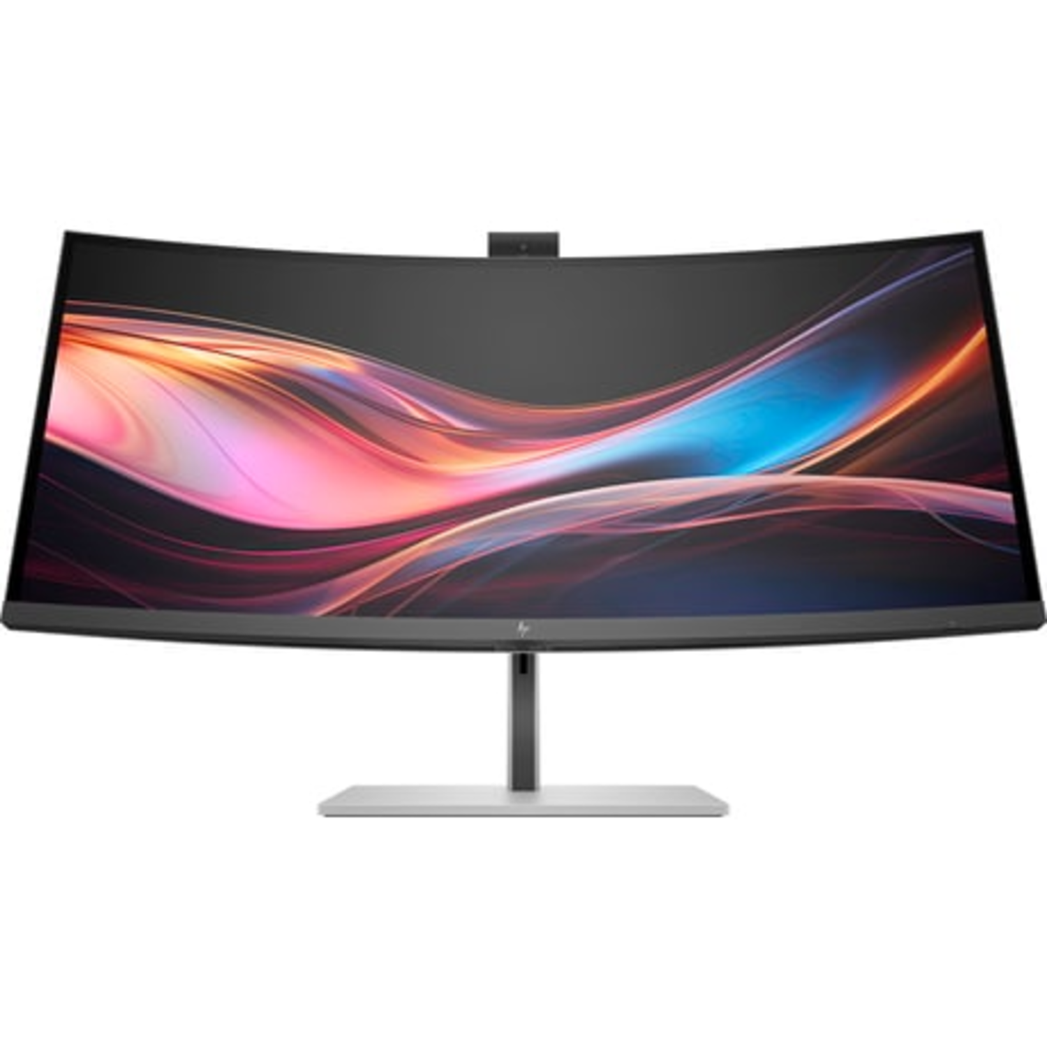 Curved computer monitor with black frame, webcam, and colorful background. It has a silver stand.
