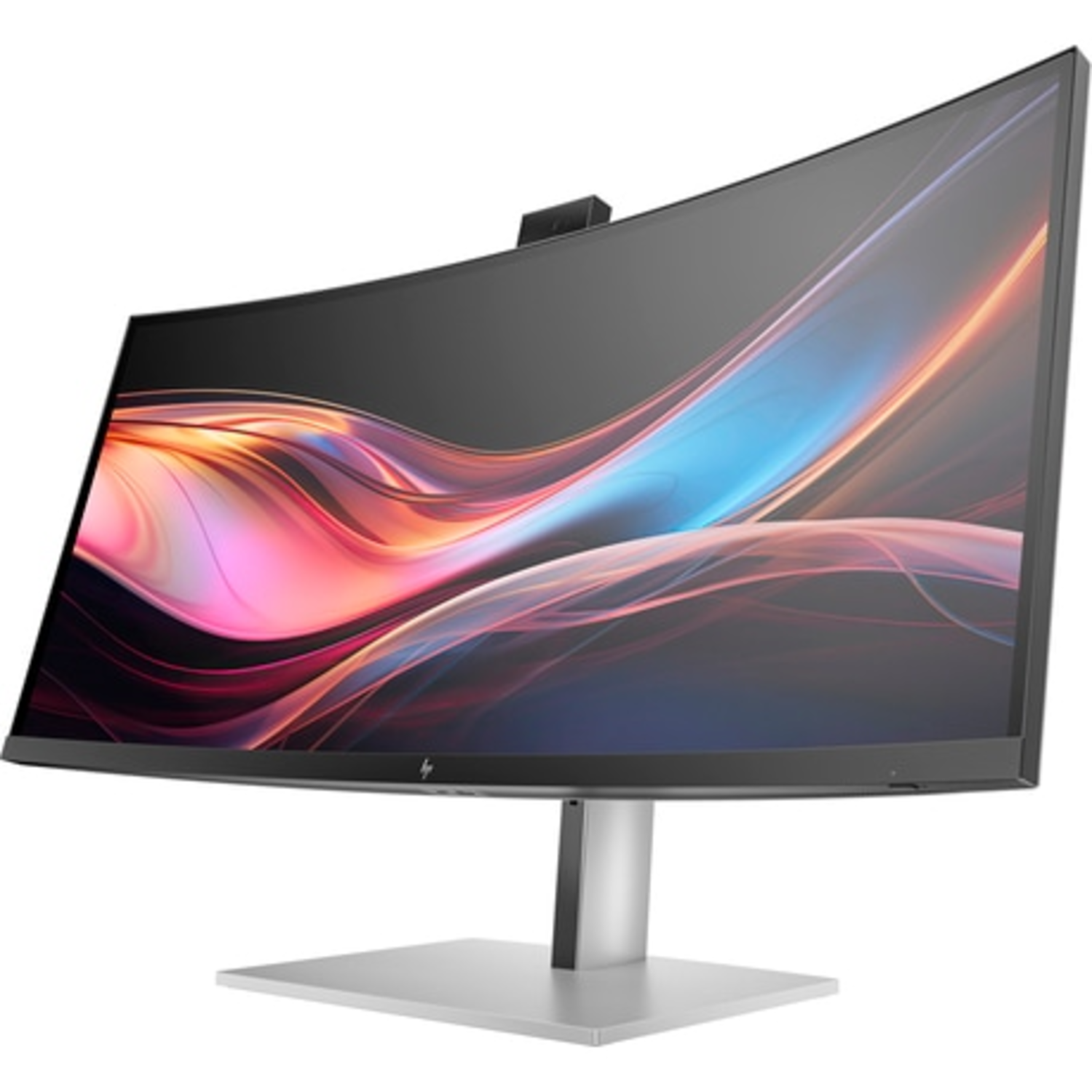 Curved monitor with a black bezel, silver stand, and a colorful image.