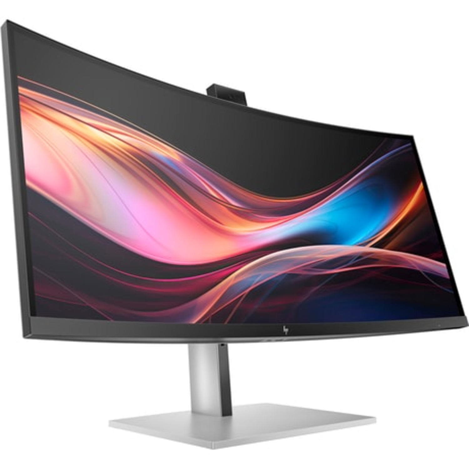 Curved monitor with black frame and colorful background. It has a silver stand and a webcam.