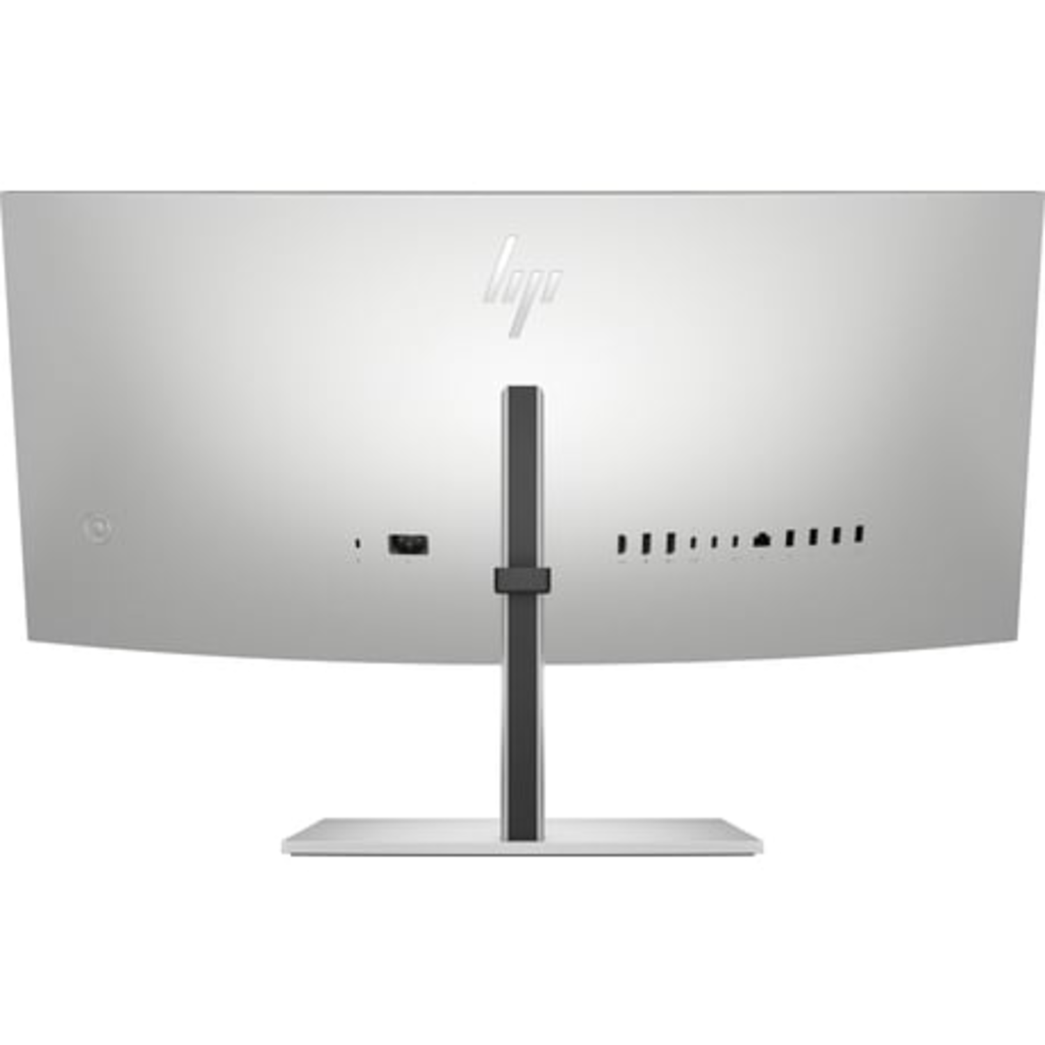 Rear view of a curved computer monitor. The HP logo is visible. It has a silver stand.