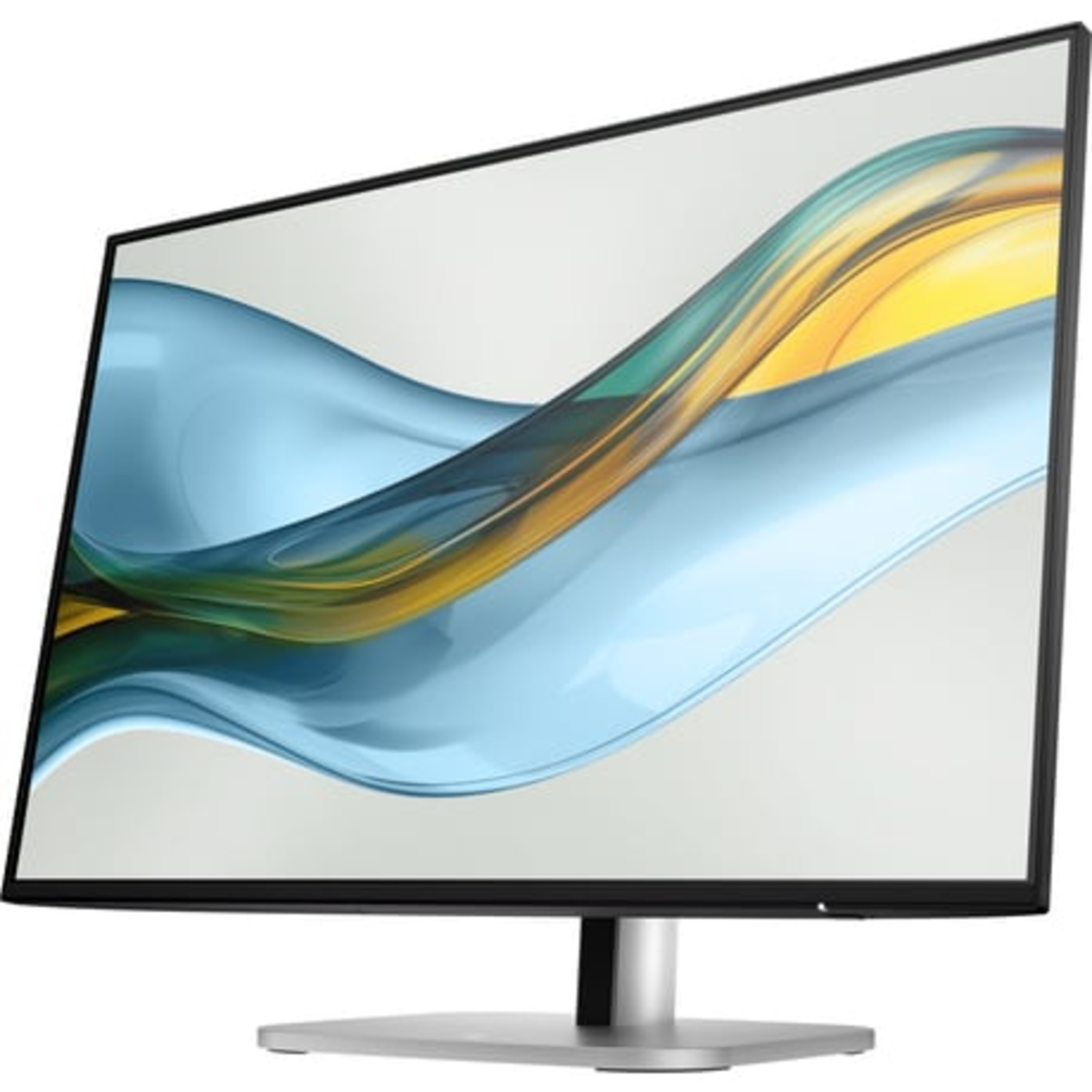 Computer monitor with a black frame and colorful background. It has a silver stand.