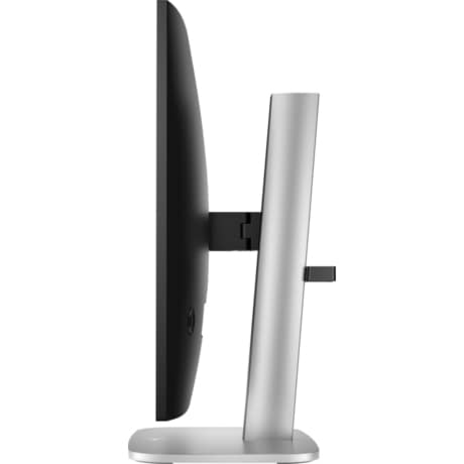 A side view of the monitor. It has a black screen and a silver stand.