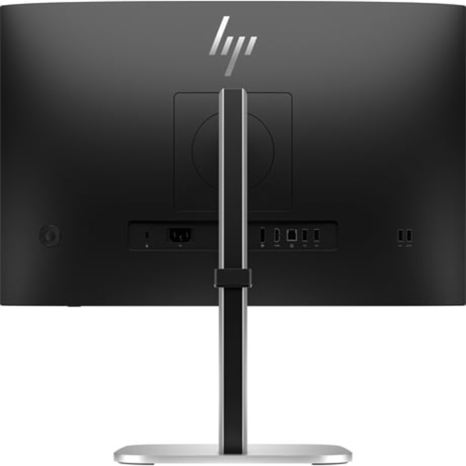 The back of the monitor. It has a black surface, a silver stand and ports.