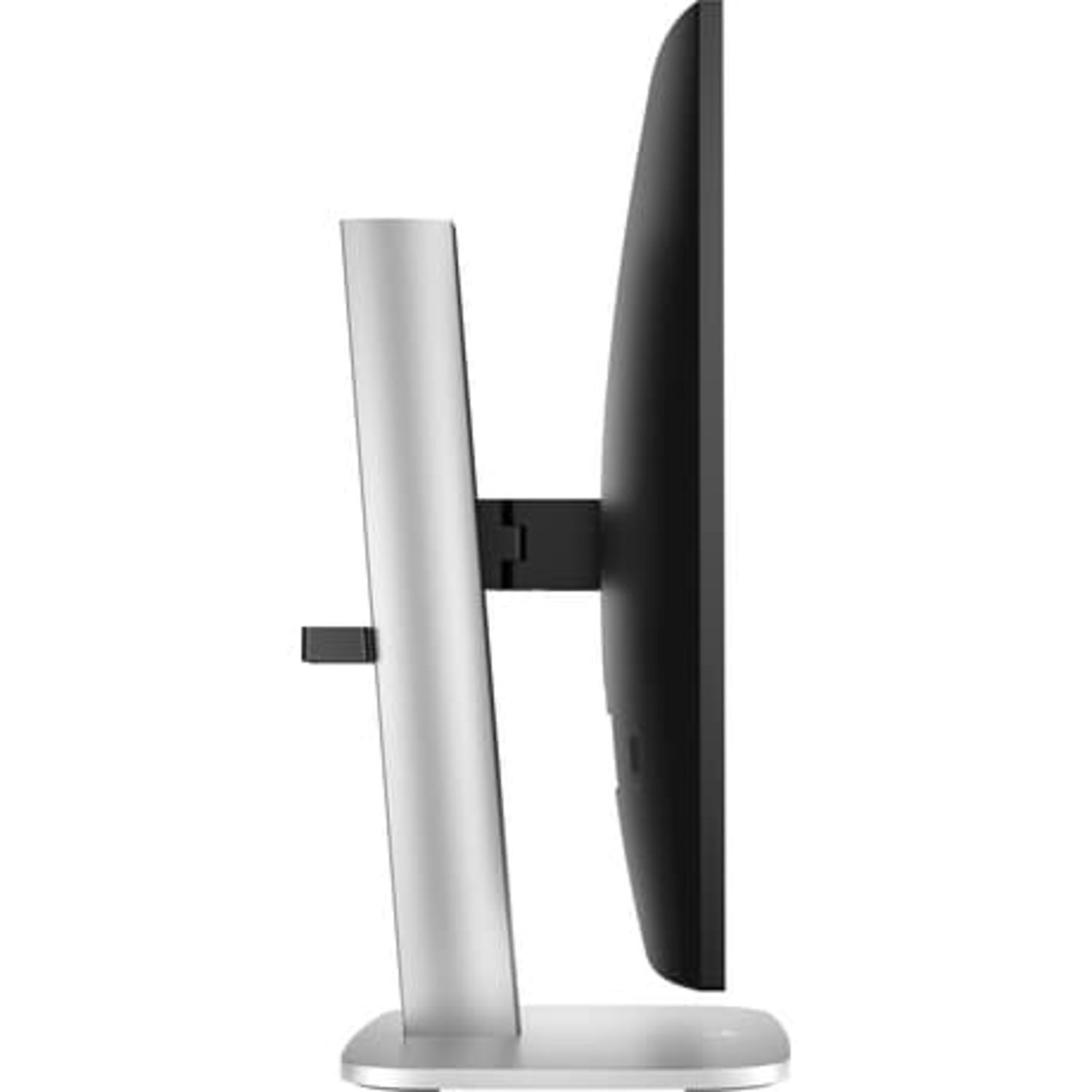 Another side view of the monitor. The screen is black and the stand is silver.