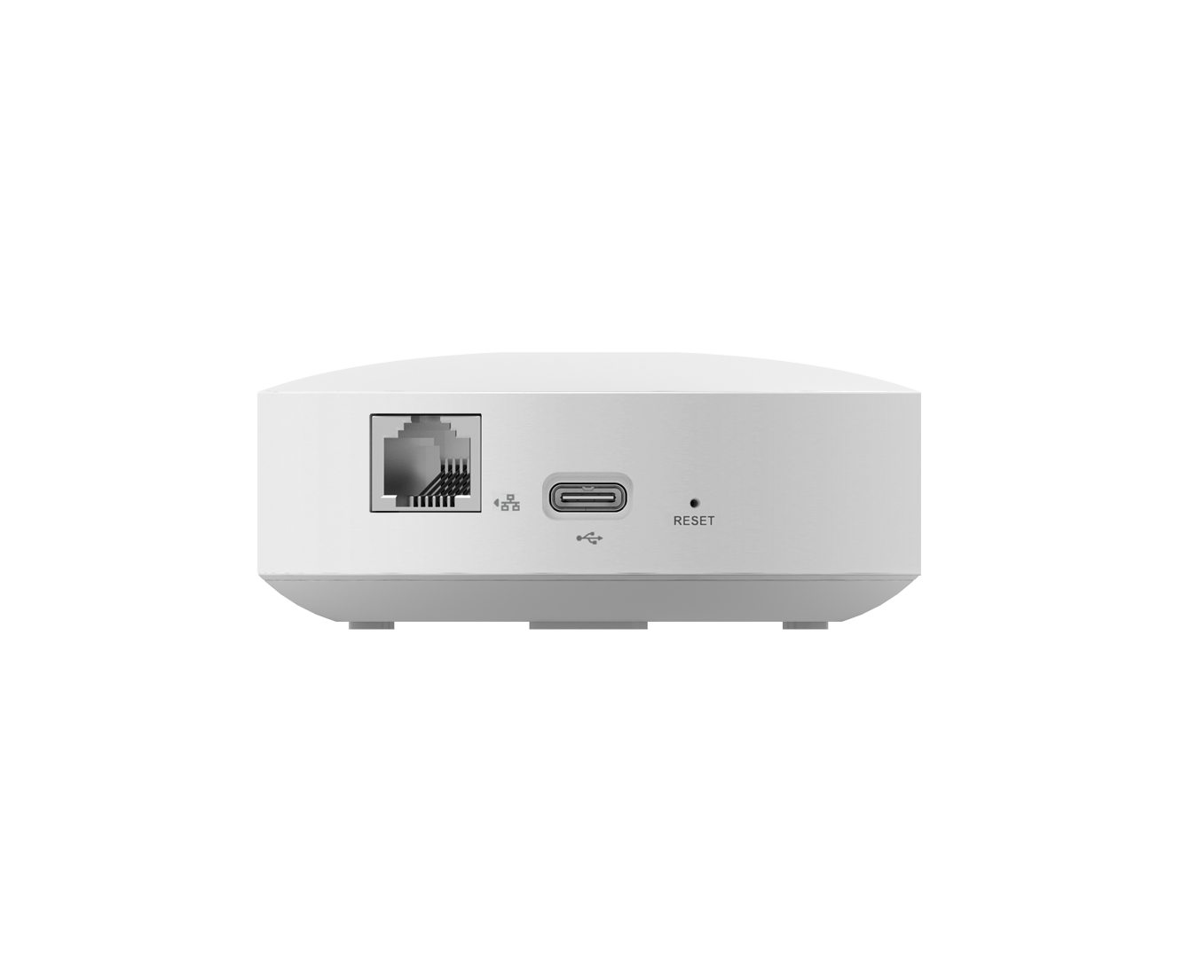 Weißes Gerät mit Anschlüssen: Netzwerk, USB-C und Reset, vor weißem Hintergrund.