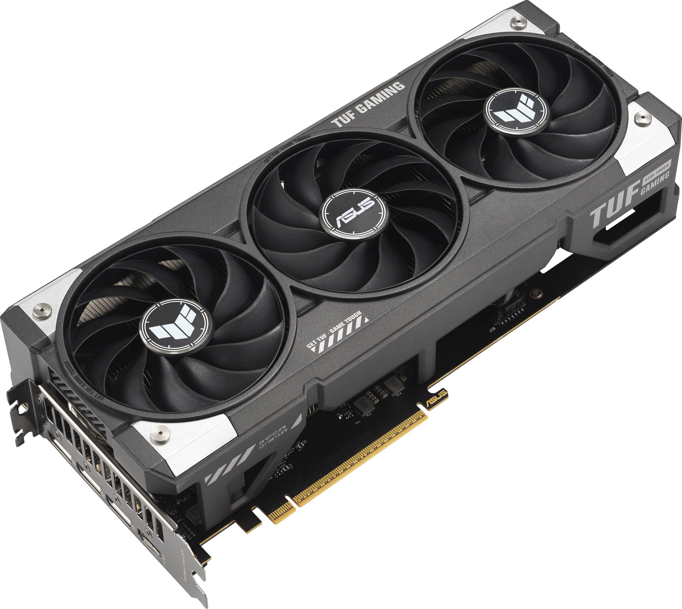 Carte graphique ASUS TUF Gaming, vue de dessus. Trois ventilateurs dominent l'avant, pales noires, cadre gris. Logos "TUF GAMING" et "ASUS" visibles.