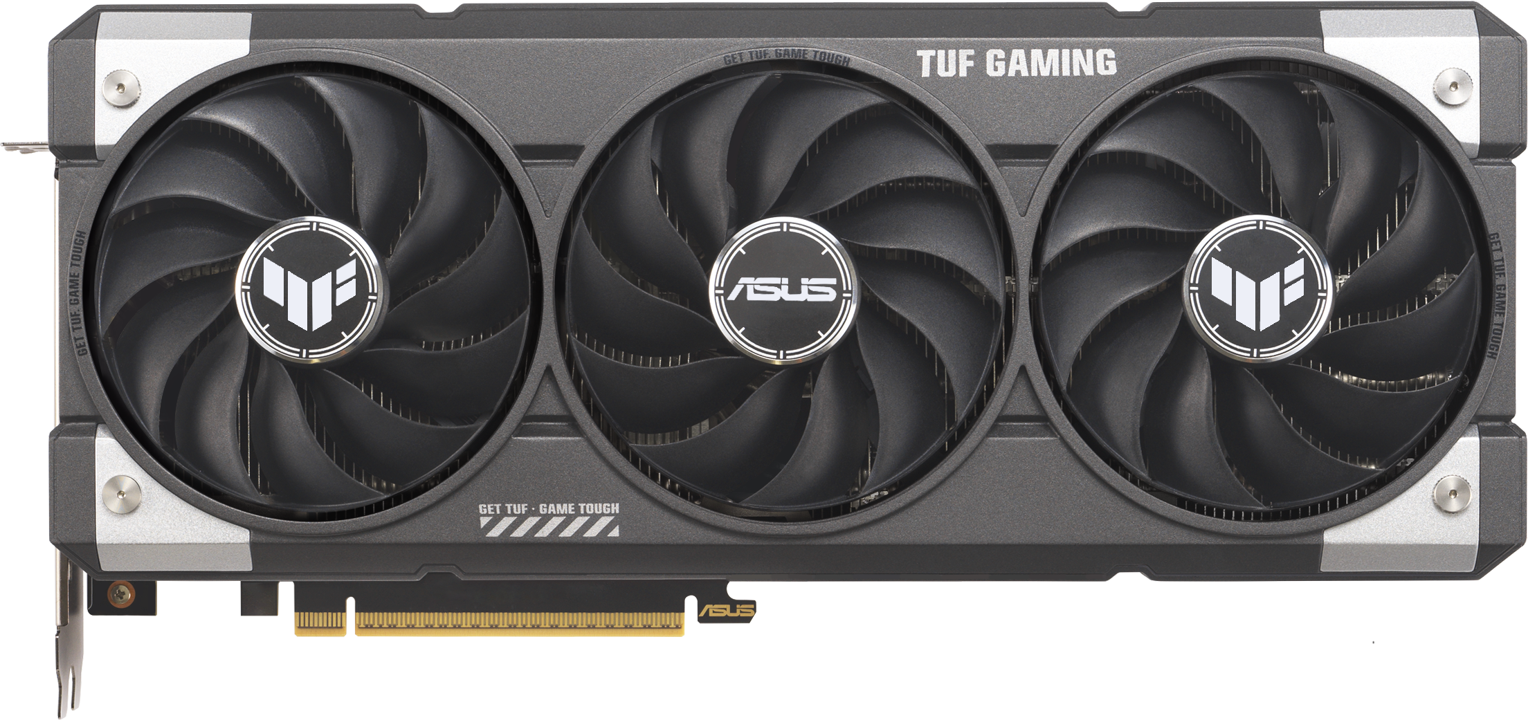 Carte graphique ASUS TUF Gaming. Trois ventilateurs, pales noires, cadre gris. Logos "TUF GAMING" et "ASUS" visibles à l'avant.
