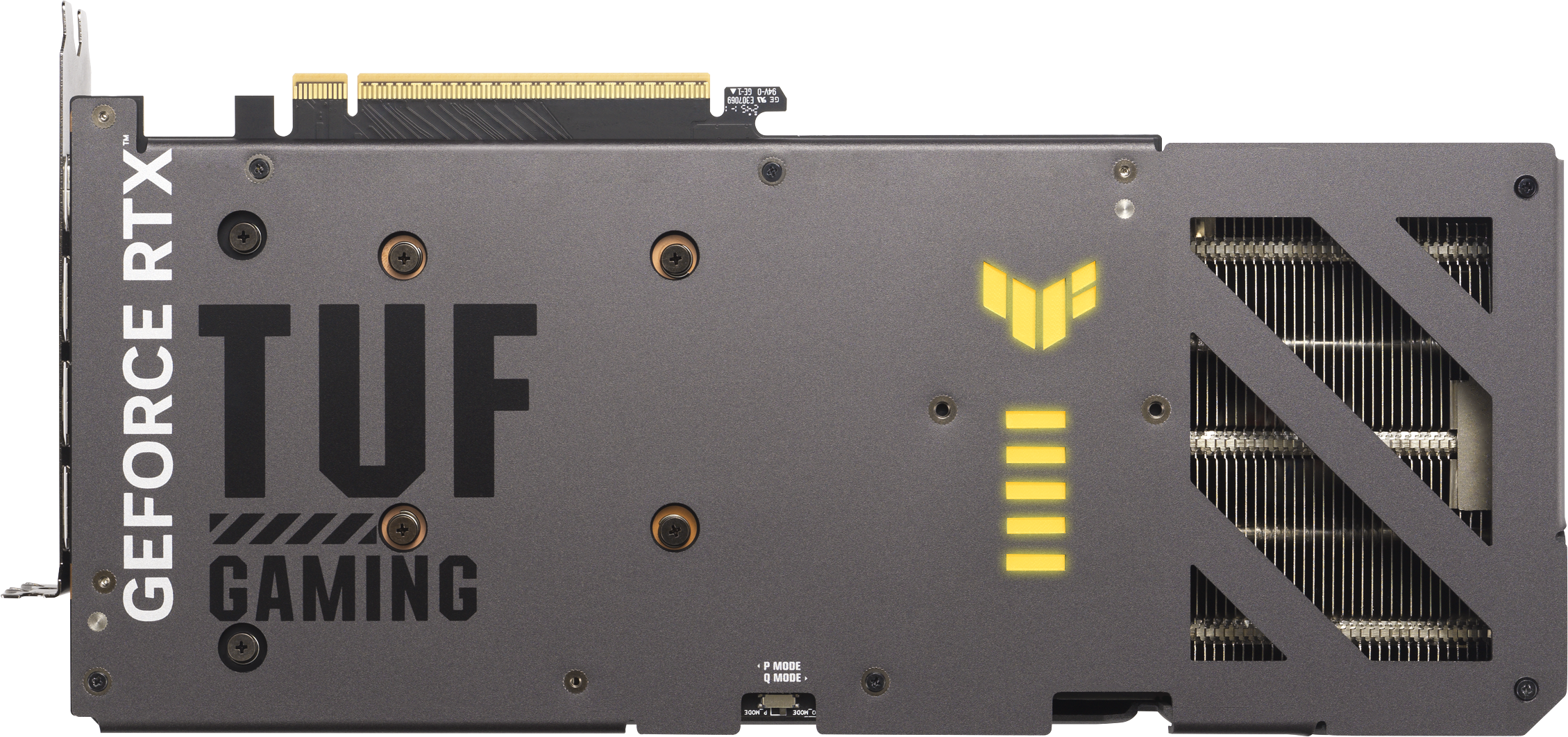 Arrière d'une carte graphique noire et grise. Comprend les logos TUF GAMING et GEFORCE RTX, ainsi qu'un accent jaune et une section de ventilateur.