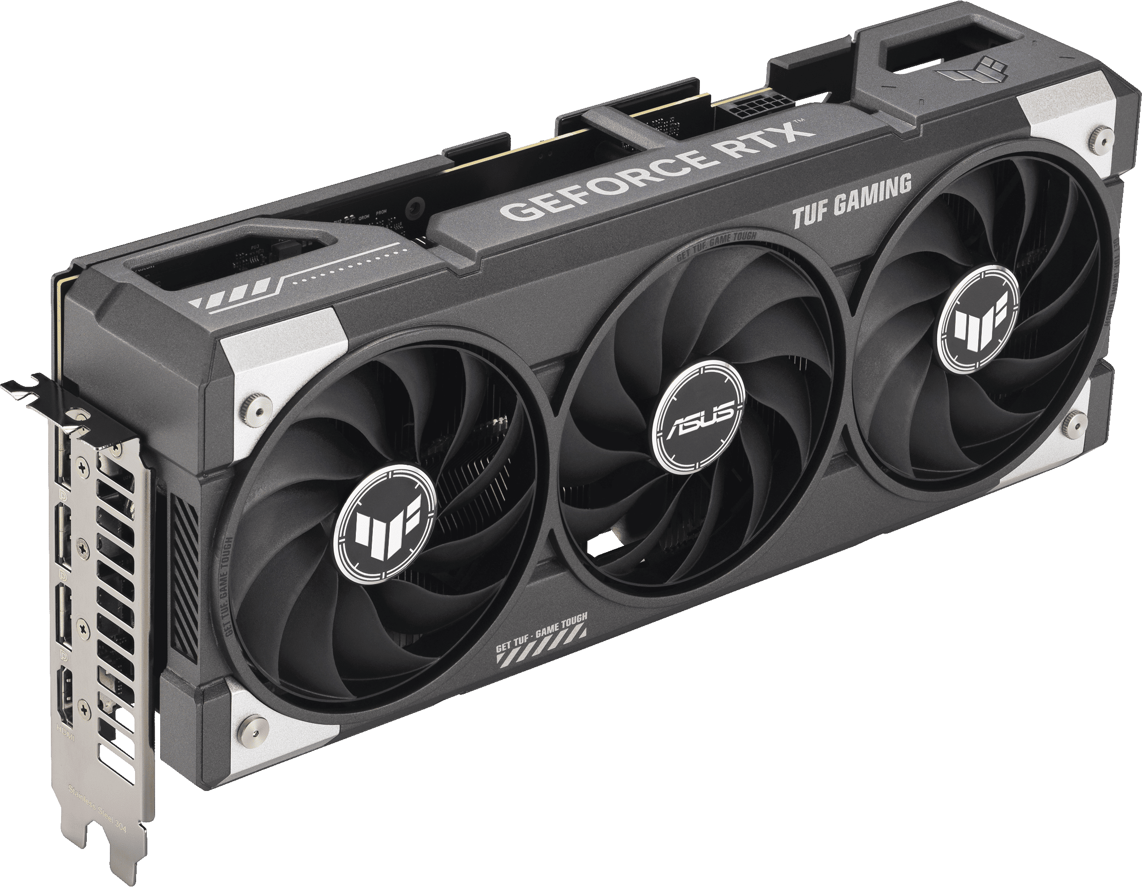 Carte graphique noire avec trois ventilateurs. Elle porte la marque GEFORCE RTX et TUF GAMING. L'arrière-plan est un dégradé de gris.
