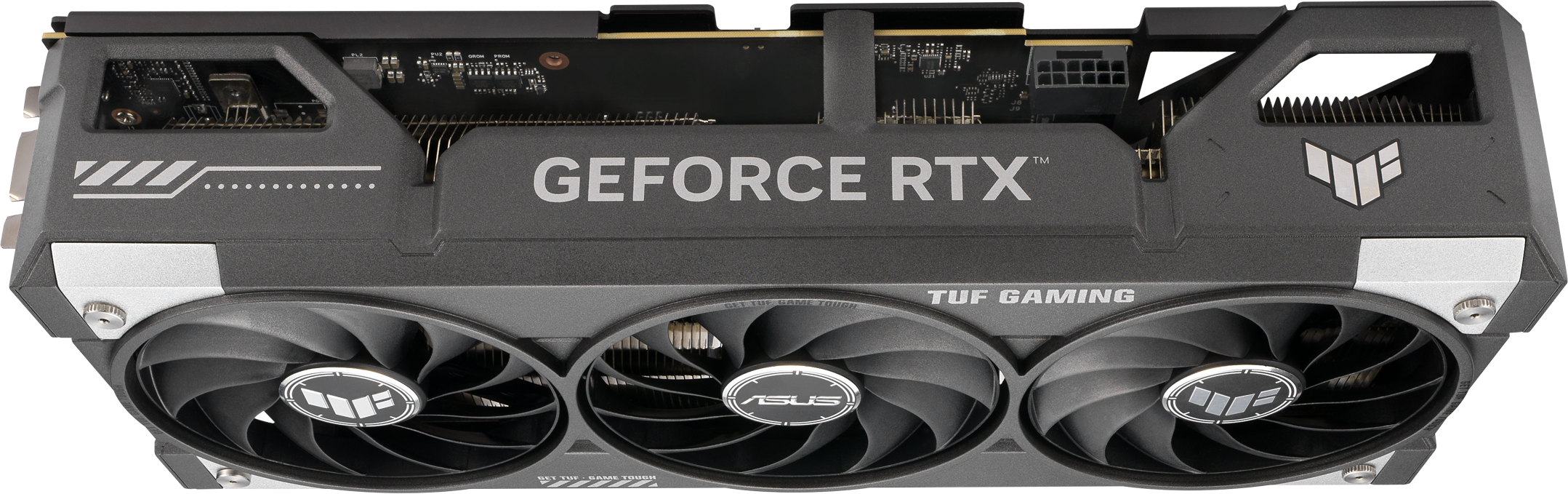 Vue de dessus d'une carte graphique ASUS TUF Gaming. Comprend trois ventilateurs, 'GeForce RTX' et 'TUF GAMING' visibles.