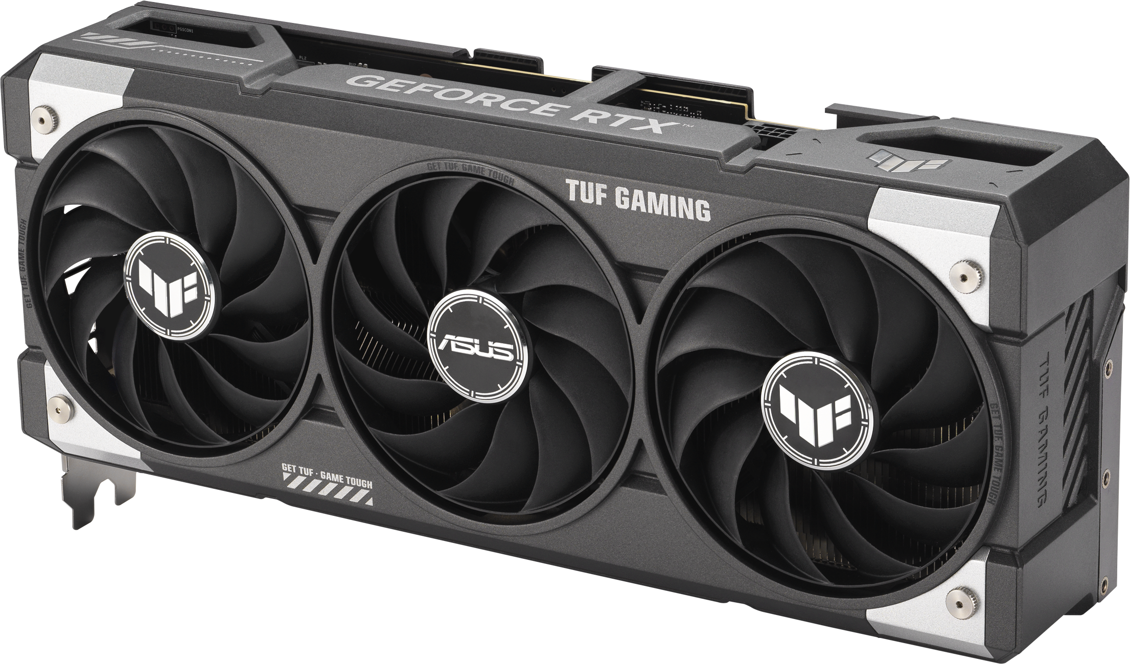 Une carte graphique noire et grise avec trois ventilateurs. La carte porte les logos ASUS et TUF GAMING, et le texte "GEFORCE RTX".