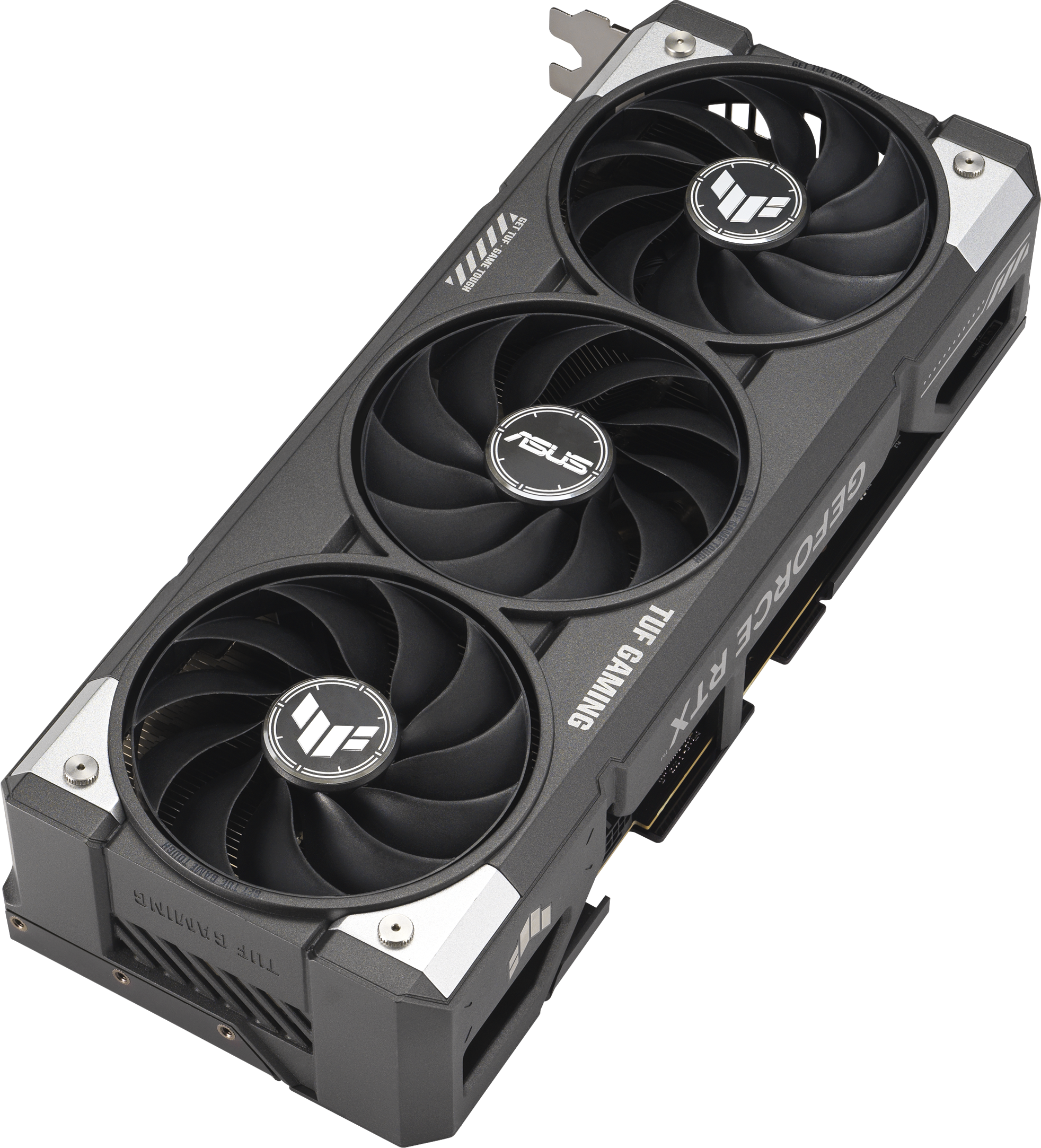 Carte graphique RTX ASUS TUF Gaming noire avec trois ventilateurs, accents argentés et détails textuels.