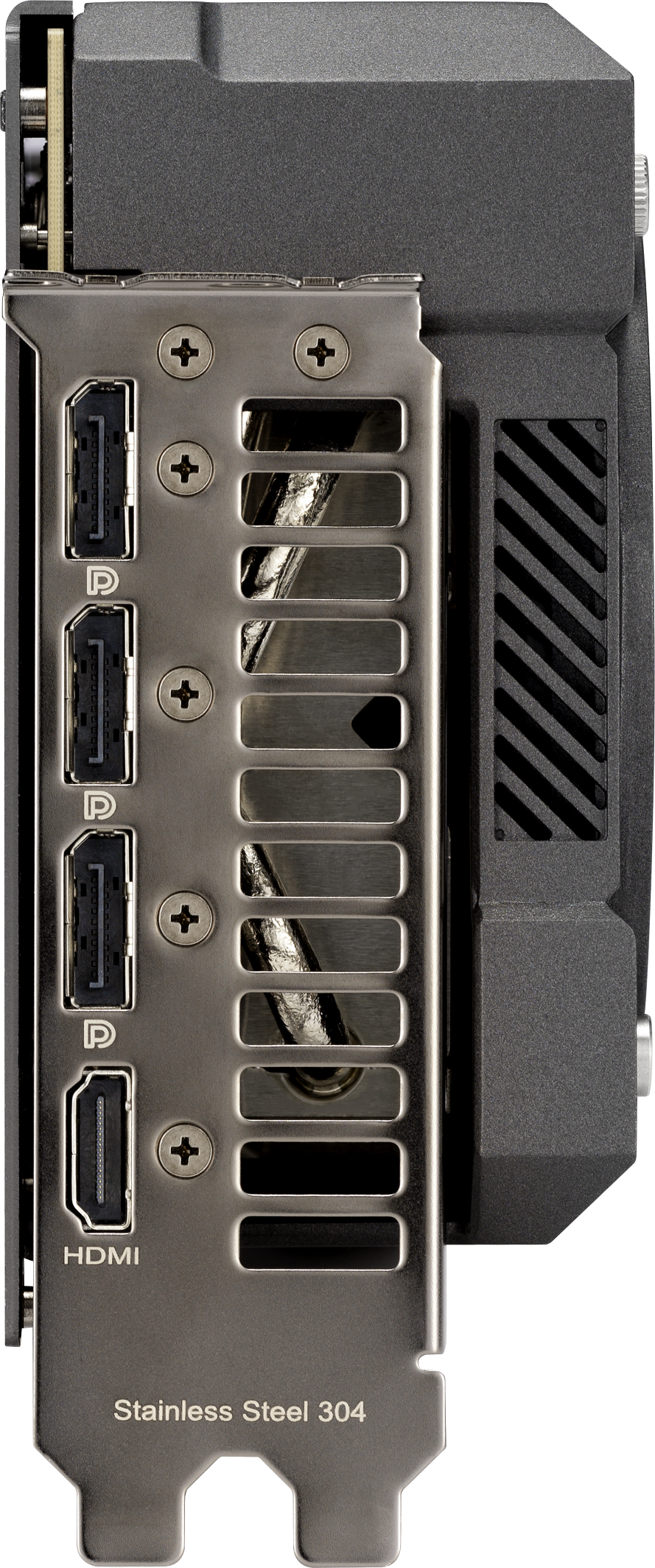 Carte graphique argentée, ports HDMI et DisplayPort. Texte : Acier inoxydable 304.