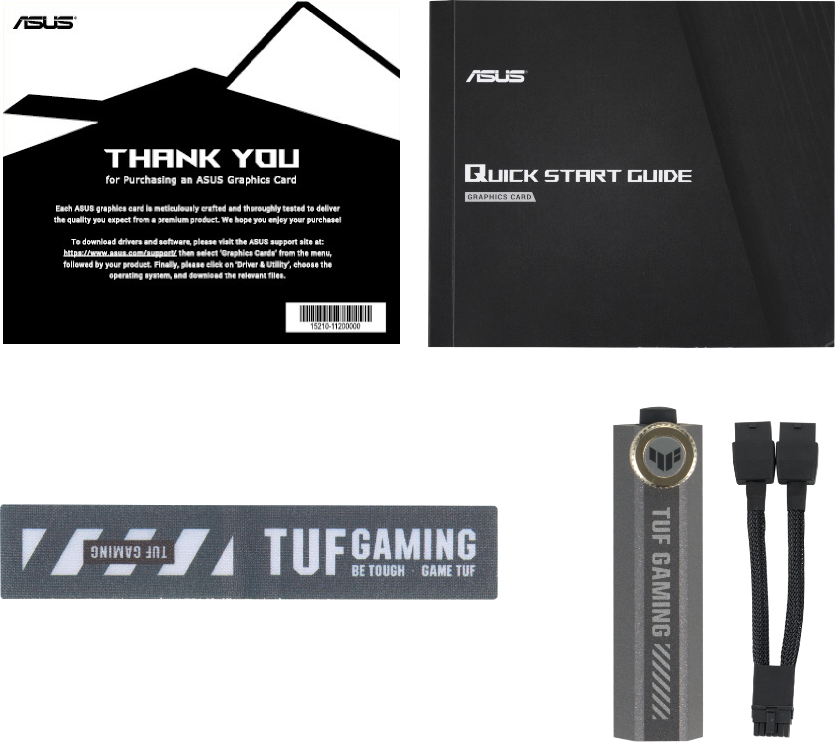 Emballage de carte graphique ASUS : note de remerciement, guide de démarrage rapide, marque TUF Gaming et câbles d'alimentation.