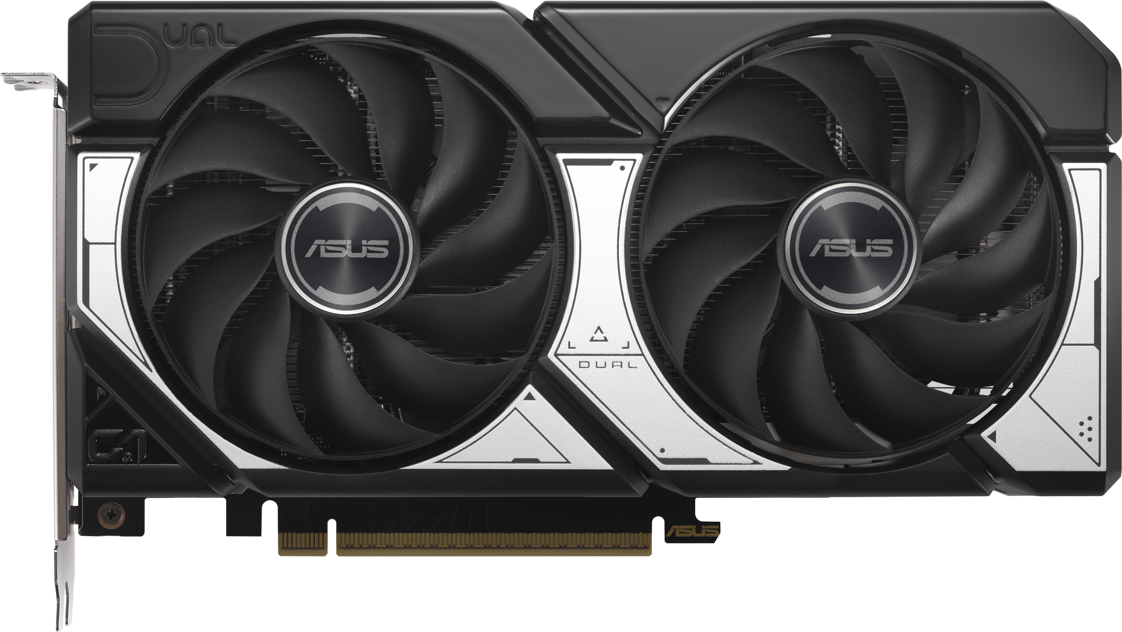 Carte graphique ASUS Dual noire avec deux ventilateurs, accents argentés et logo ASUS.
