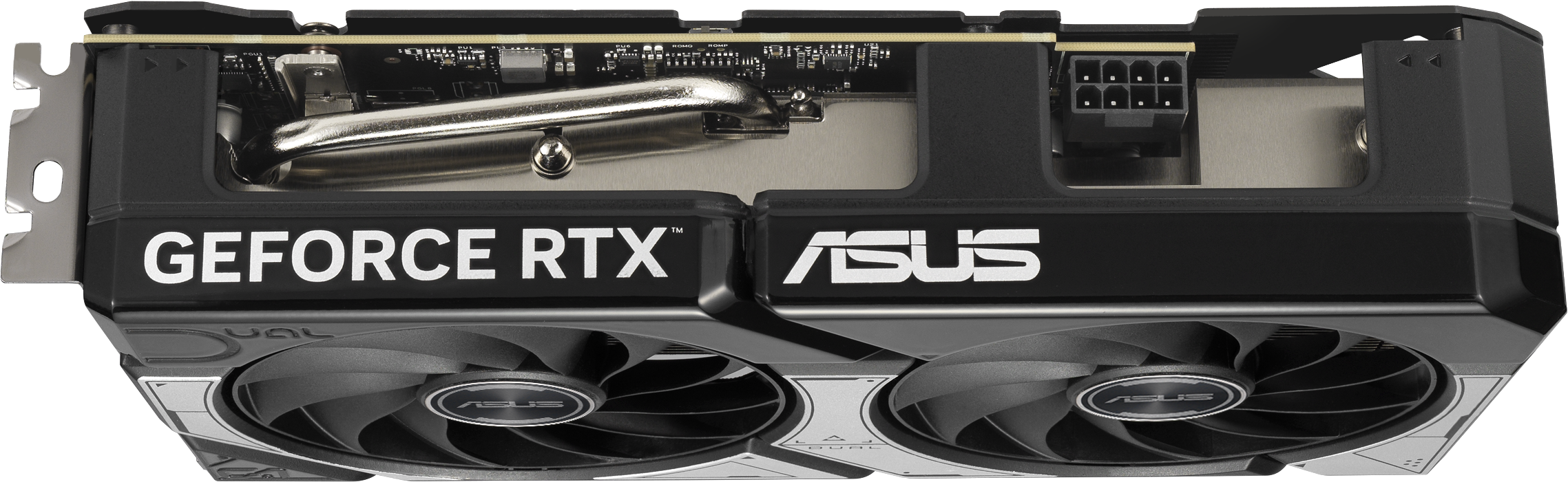 Carte graphique ASUS Dual GeForce RTX, vue latérale. Deux ventilateurs visibles.
