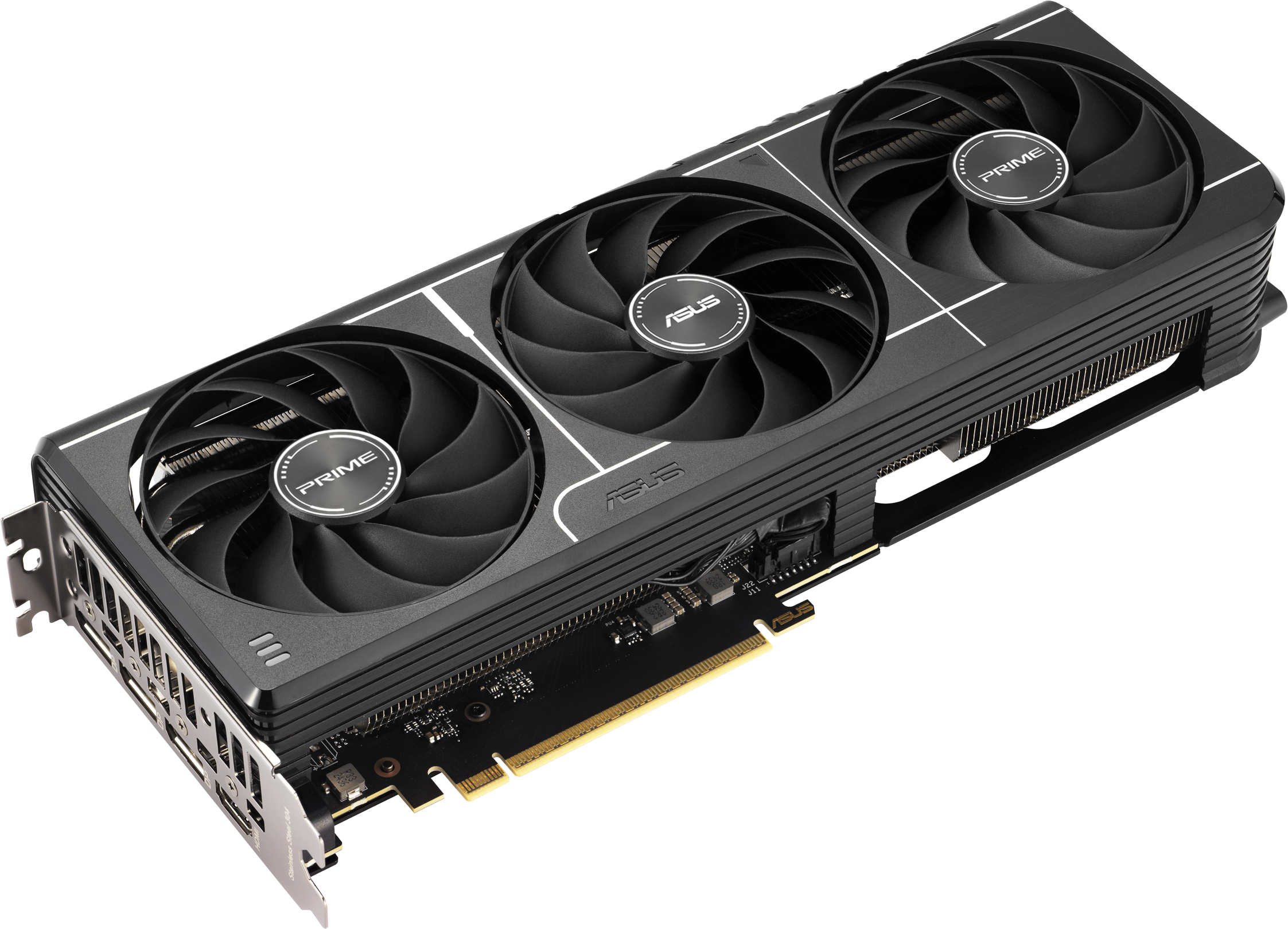 Carte graphique avec trois ventilateurs, design noir. La carte porte les logos Asus et Prime.
