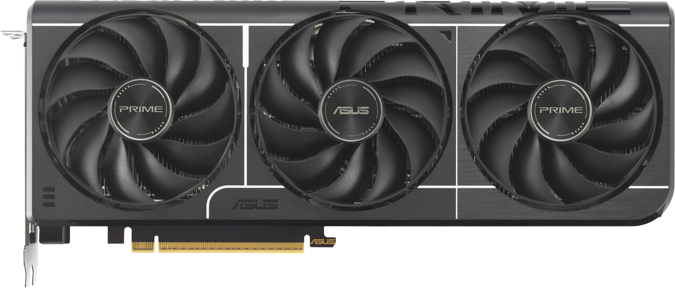 Carte graphique avec trois ventilateurs, logos Asus et Prime, design noir.