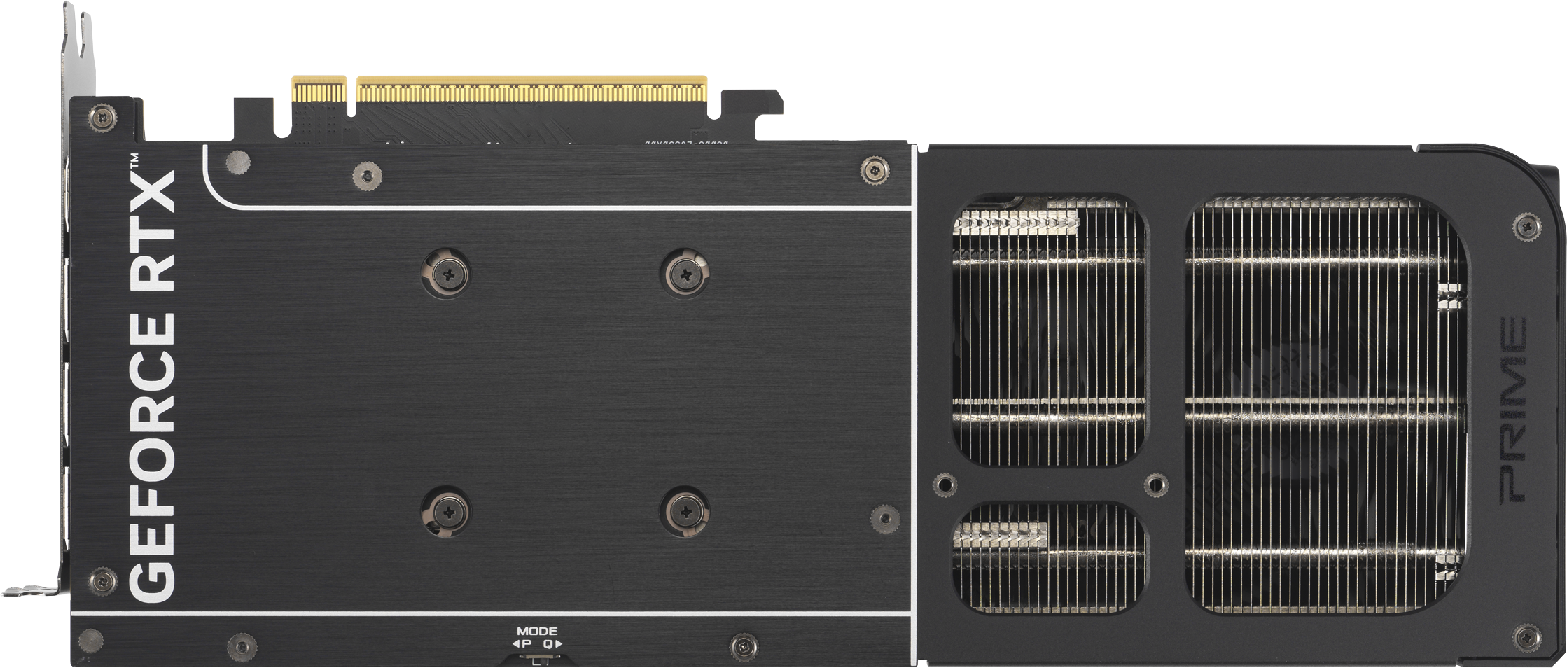 Dos de carte graphique GeForce RTX noire, avec ailettes de refroidissement et étiquette PRIME.