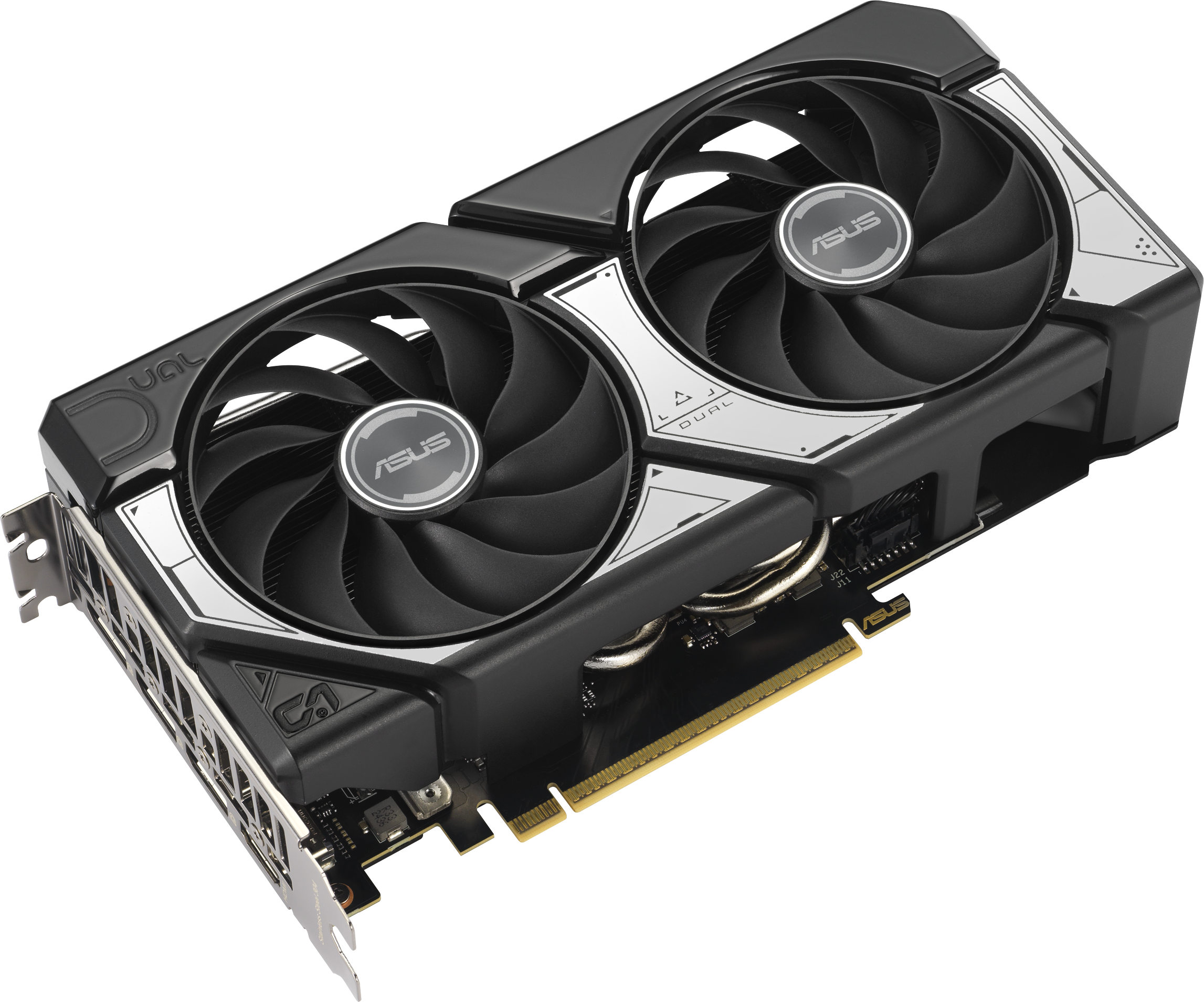 Carte graphique ASUS GeForce RTX noire avec deux ventilateurs. Les ventilateurs ont le logo ASUS.