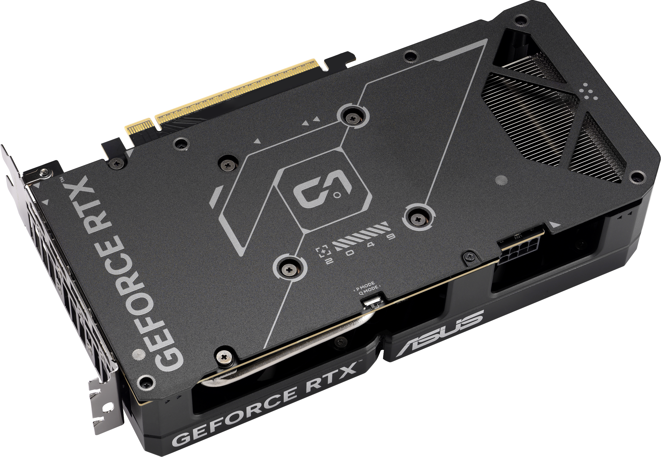 Dos de carte graphique GeForce RTX noire, avec éléments de design et logo ASUS.