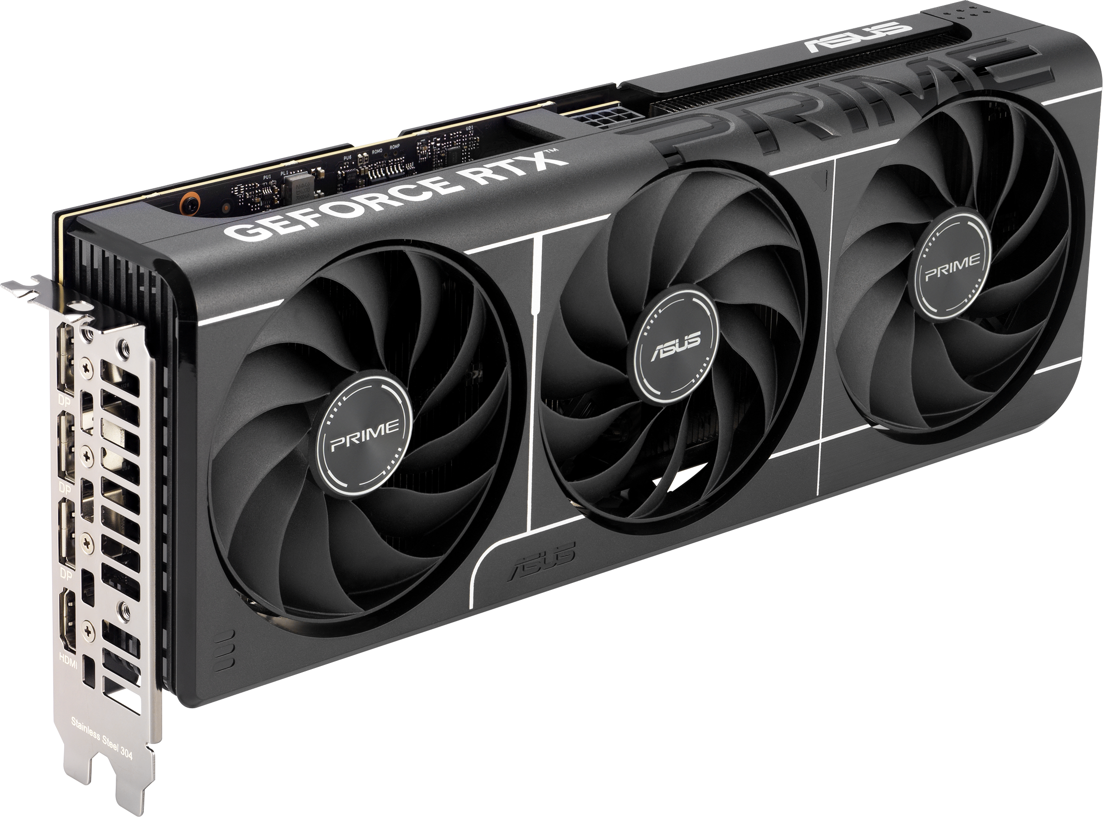 Carte graphique ASUS GeForce RTX PRIME noire avec trois ventilateurs et détails argentés.