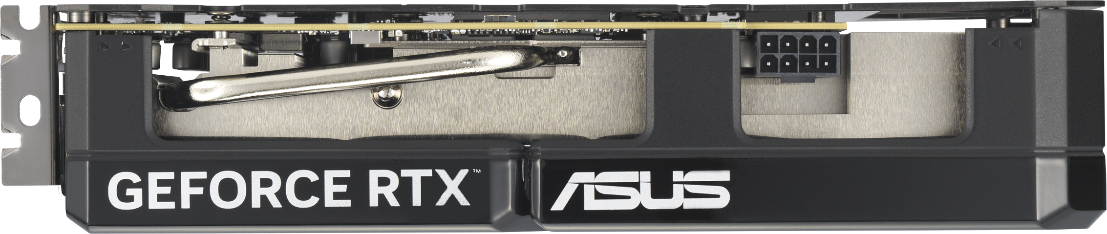 Gros plan de l'extrémité d'une carte graphique GeForce RTX noire, avec logo ASUS.