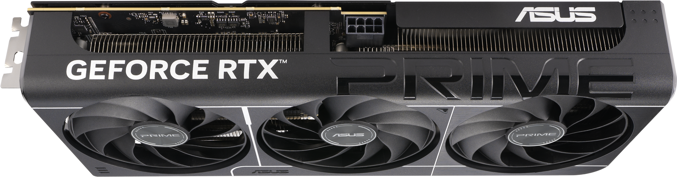 Carte graphique ASUS GeForce RTX PRIME noire avec trois ventilateurs. La carte a le logo ASUS.