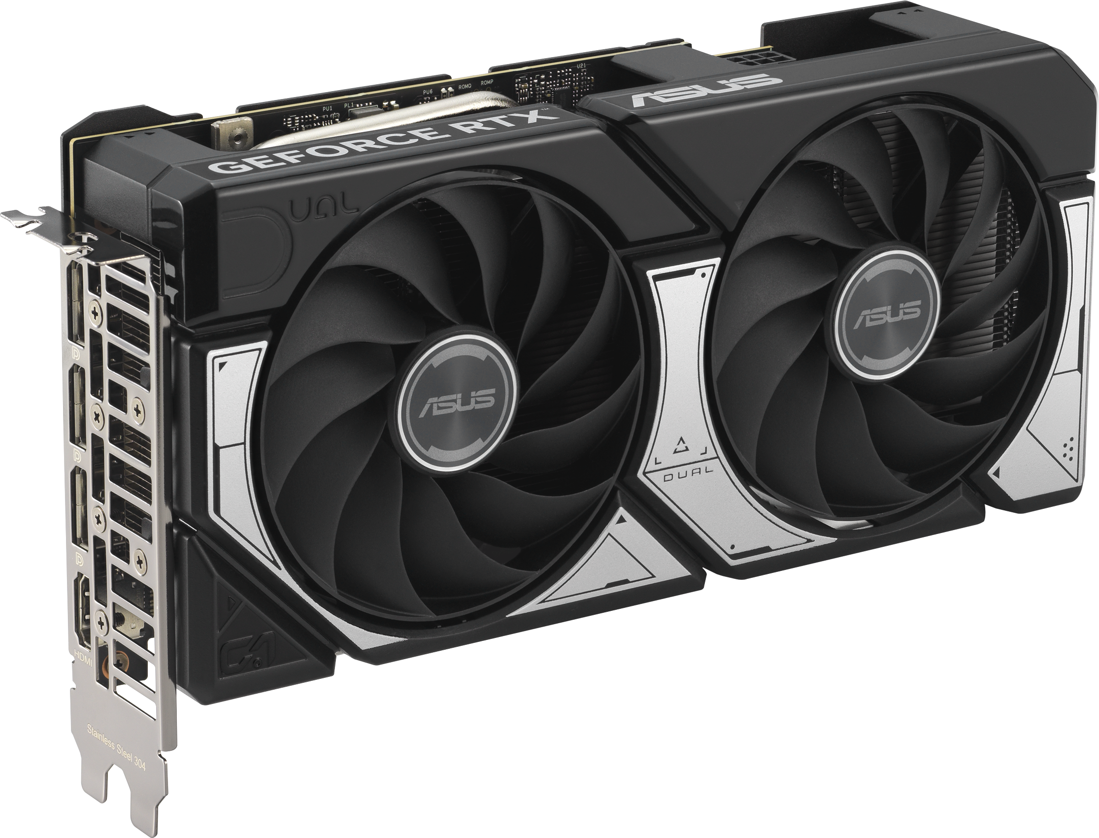 Carte graphique ASUS GeForce RTX noire et argentée avec deux ventilateurs. L'étiquette DUAL est visible.