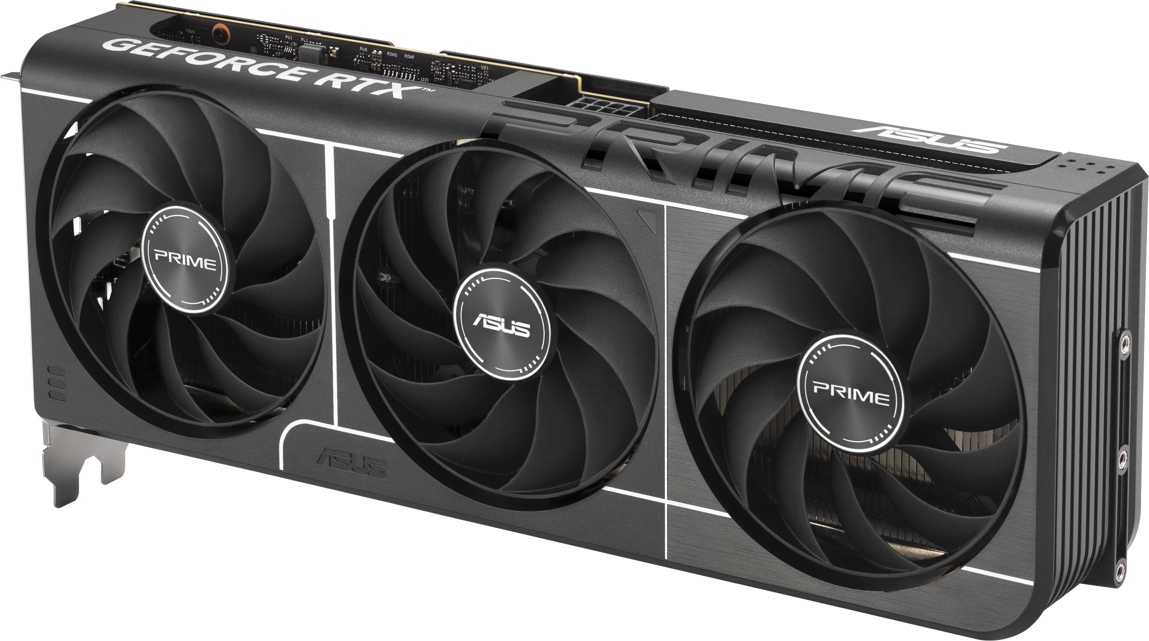 Carte graphique ASUS GeForce RTX noire avec trois ventilateurs. PRIME et ASUS sont étiquetés.