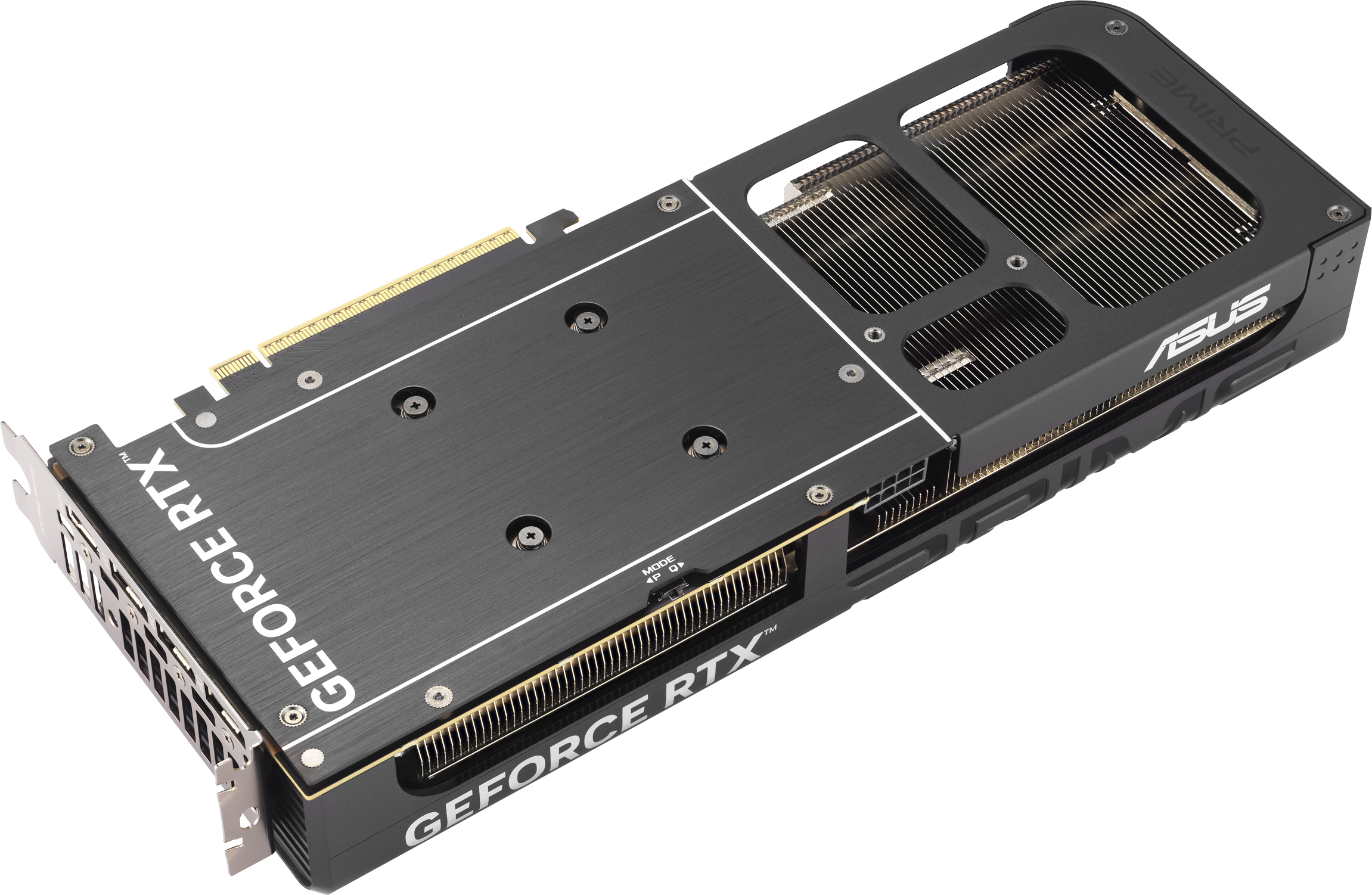 Carte graphique ASUS GeForce RTX noire. Avec étiquette GeForce RTX. La carte est inclinée.