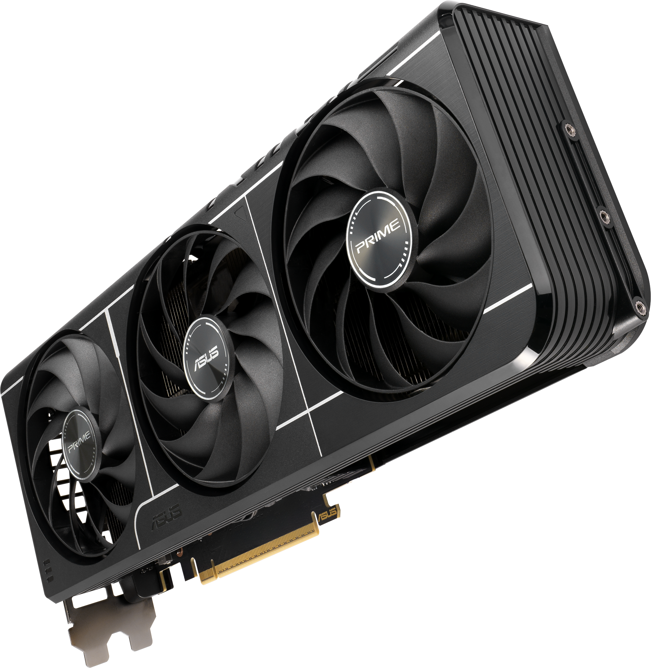Carte graphique ASUS GeForce RTX noire avec trois ventilateurs. Label PRIME sur chaque ventilateur.
