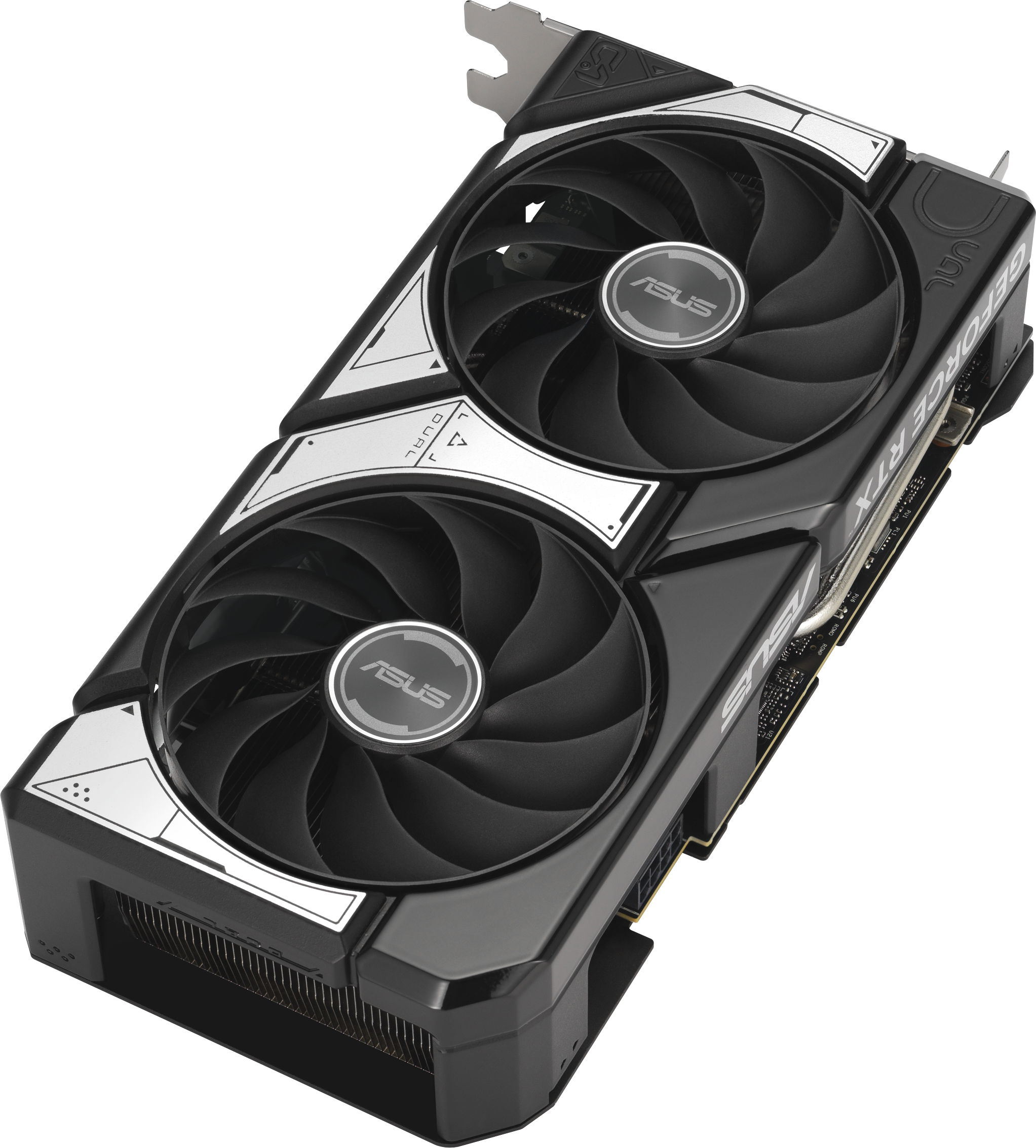 Carte graphique noire avec deux ventilateurs. Logo ASUS sur les ventilateurs.
