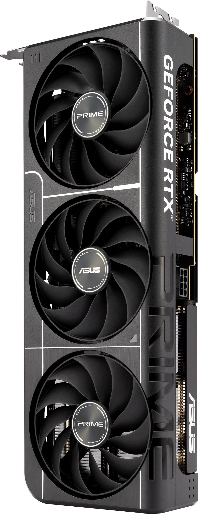 Carte graphique noire avec trois ventilateurs. Étiquettes ASUS et PRIME visibles.