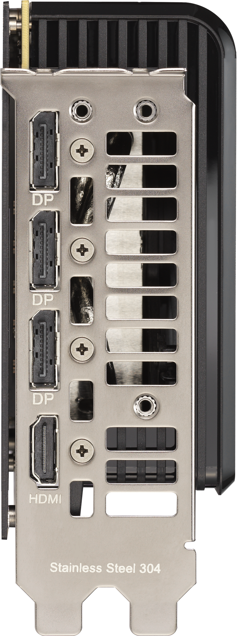 Ports de carte graphique. Inclut HDMI et DisplayPort. Étiquette Acier Inoxydable 304.