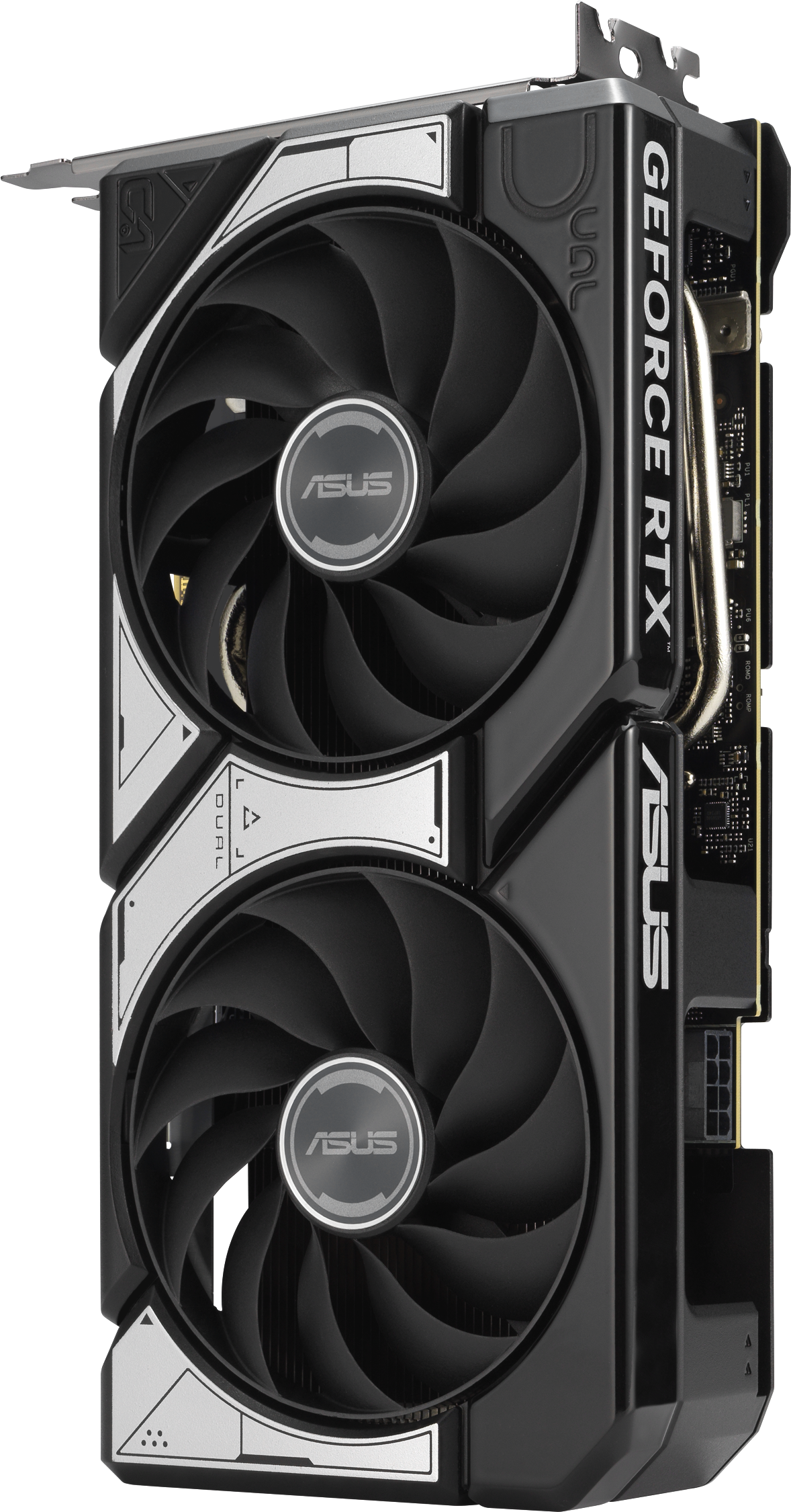 Carte graphique noire avec deux ventilateurs. Étiquettes ASUS et GeForce RTX visibles.