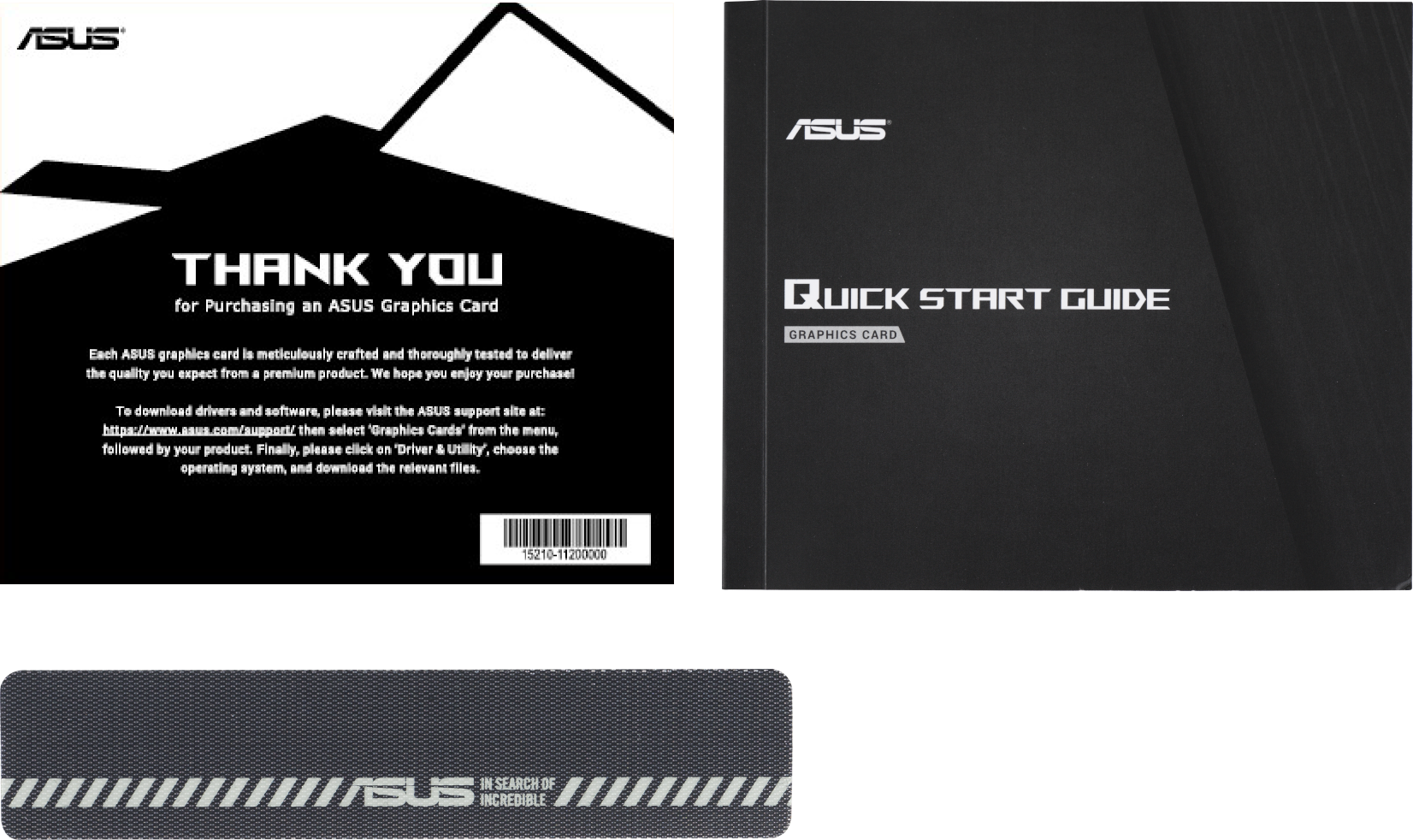 Documents : Note de remerciement, Guide de démarrage rapide et bande noire avec logo ASUS.