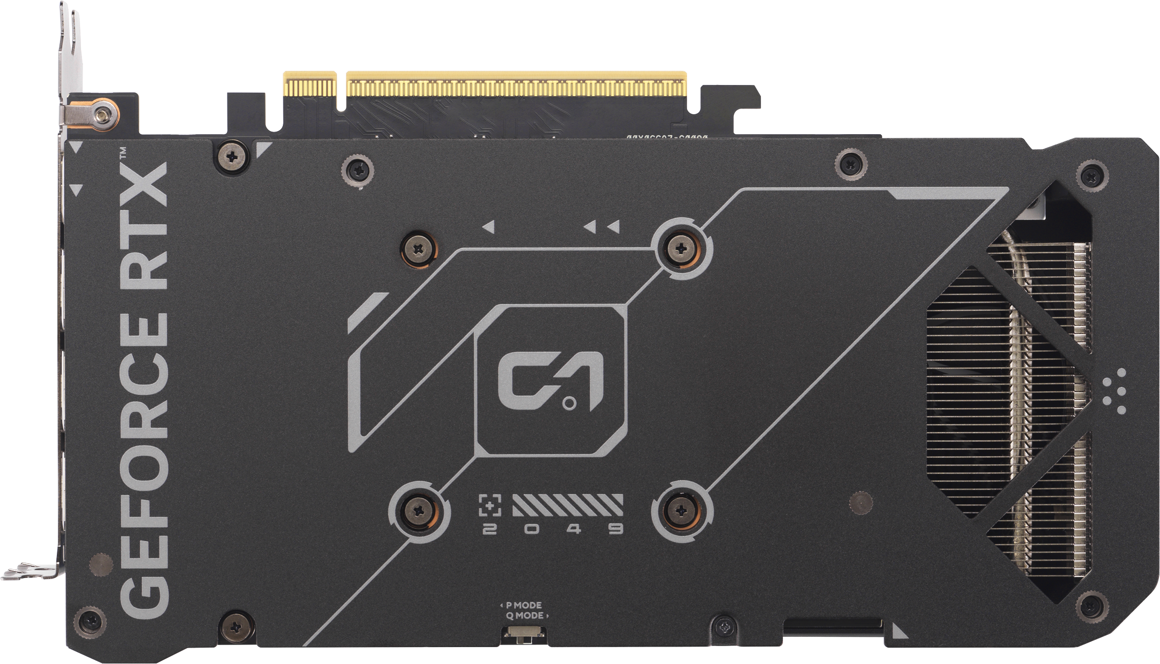 Dos d'une carte graphique GeForce RTX noire avec des détails argentés.