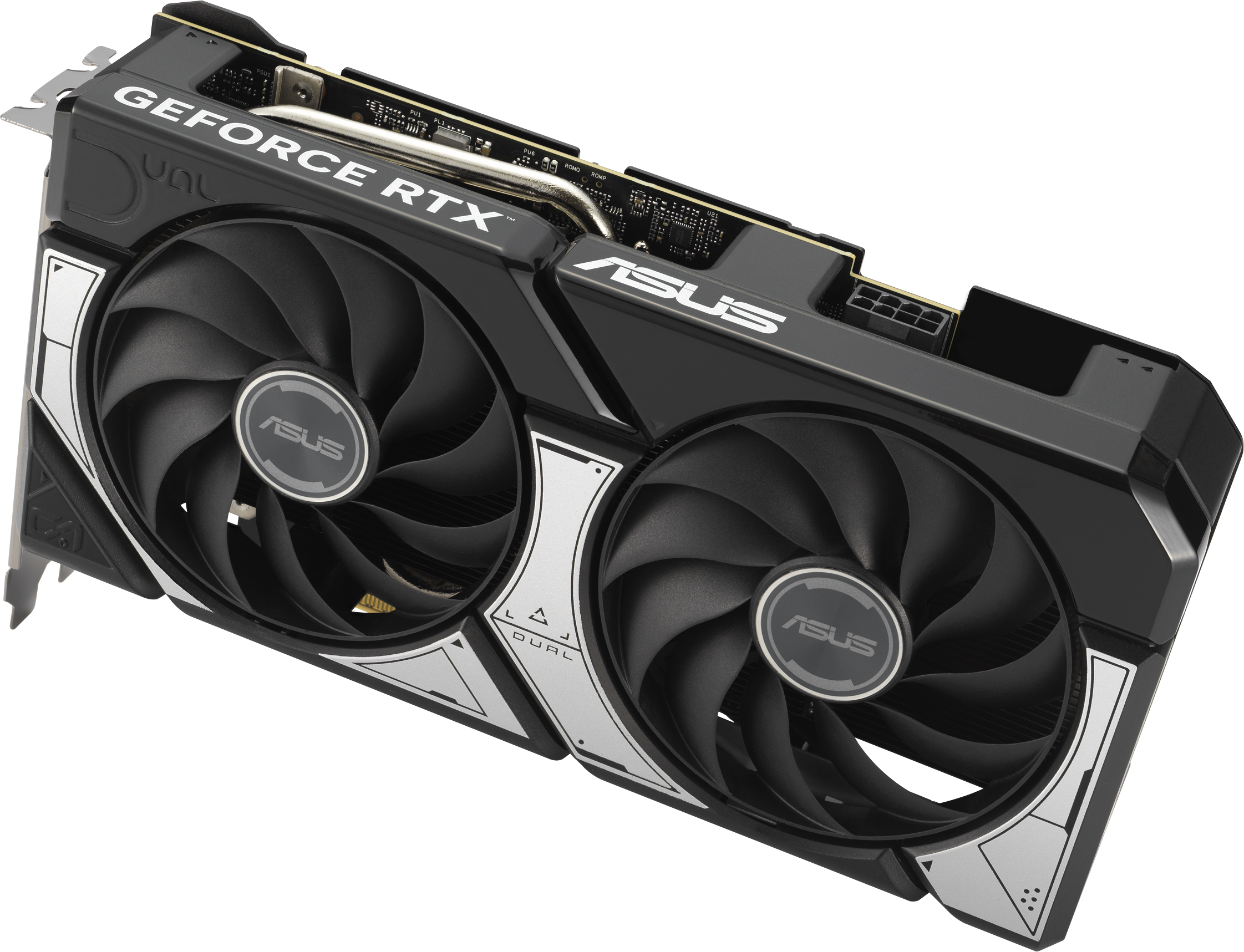 Carte graphique ASUS GeForce RTX, noire et argentée avec deux ventilateurs.